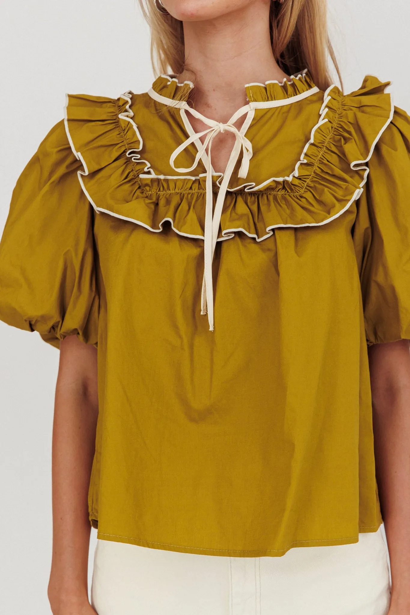 Remarkable Puff Sleeve Tied Neck Top Olive sold by Selfie Leslie product image thumbnail 4