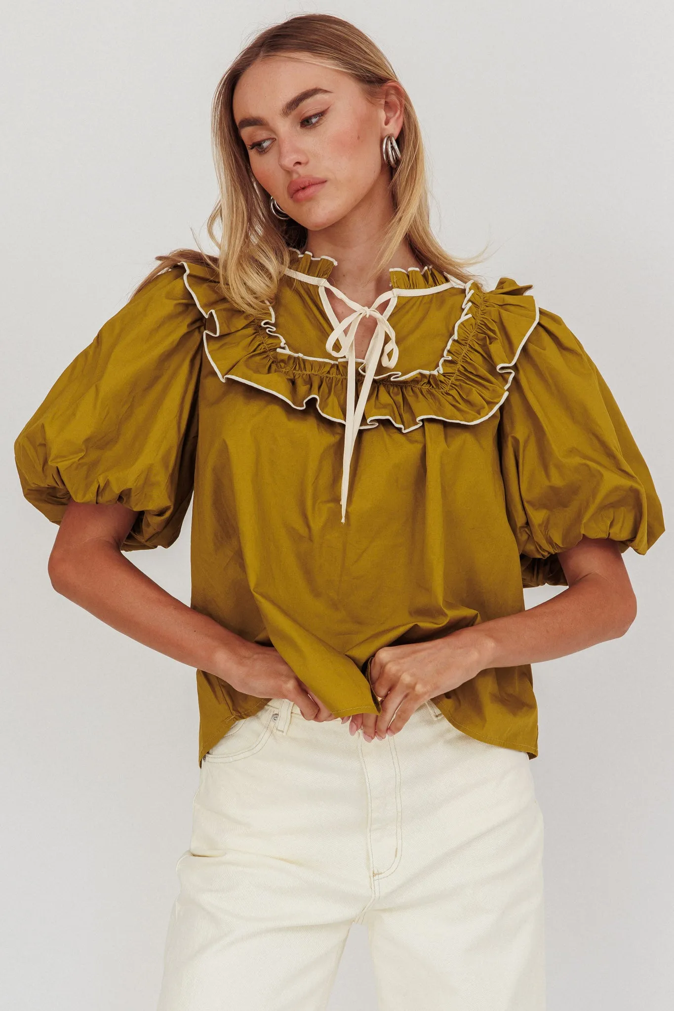 Remarkable Puff Sleeve Tied Neck Top Olive sold by Selfie Leslie product image thumbnail 5