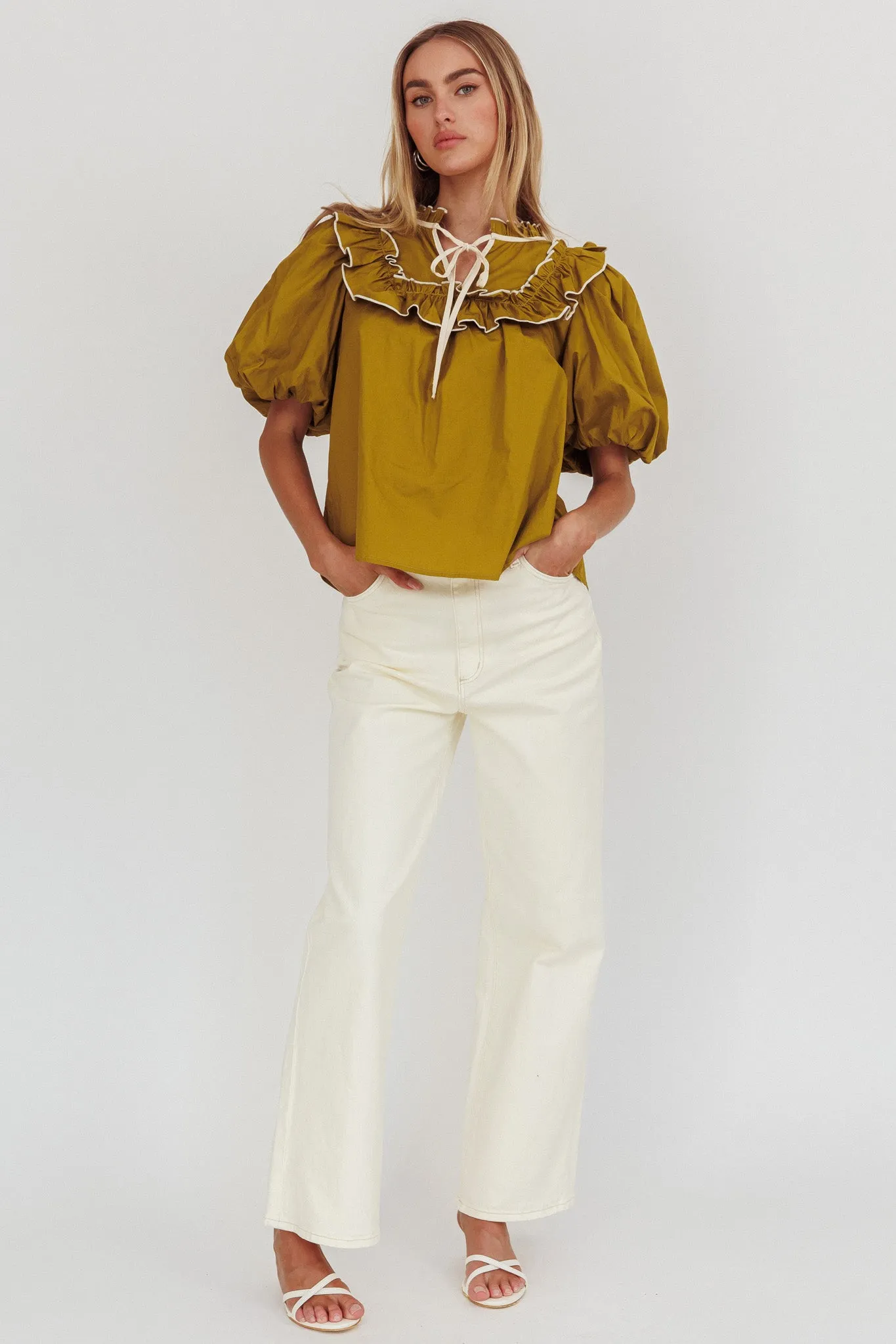 Remarkable Puff Sleeve Tied Neck Top Olive sold by Selfie Leslie product image thumbnail 3