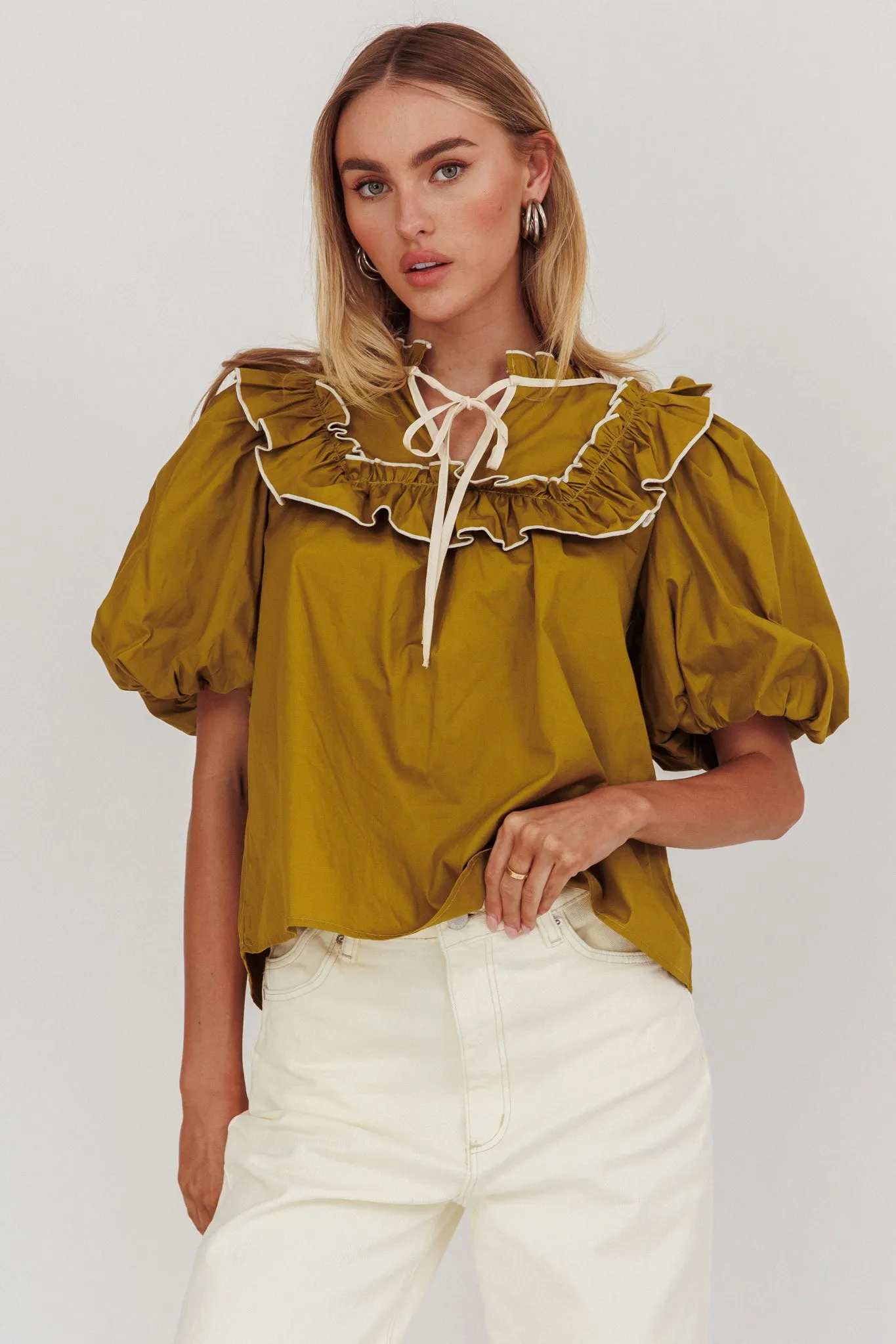 Remarkable Puff Sleeve Tied Neck Top Olive sold by Selfie Leslie