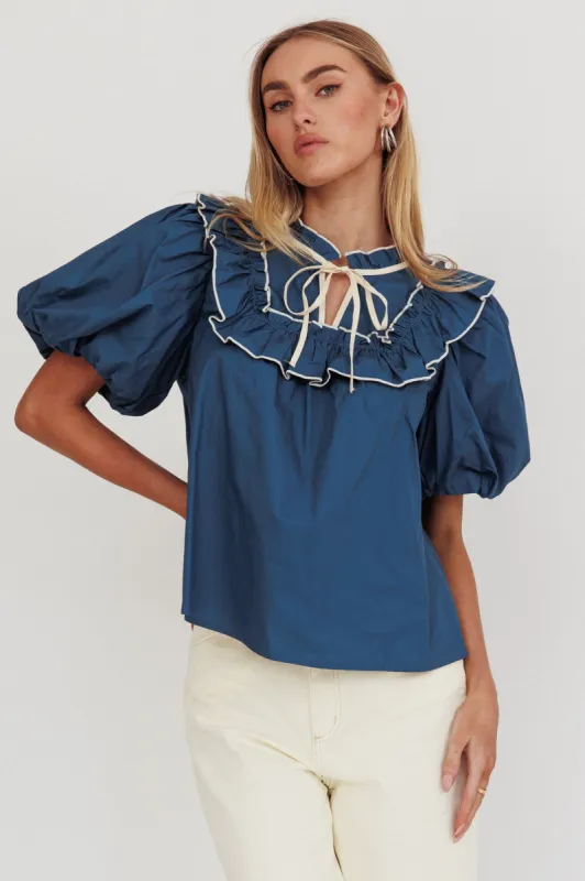 Remarkable Puff Sleeve Tied Neck Top Teal sold by Selfie Leslie