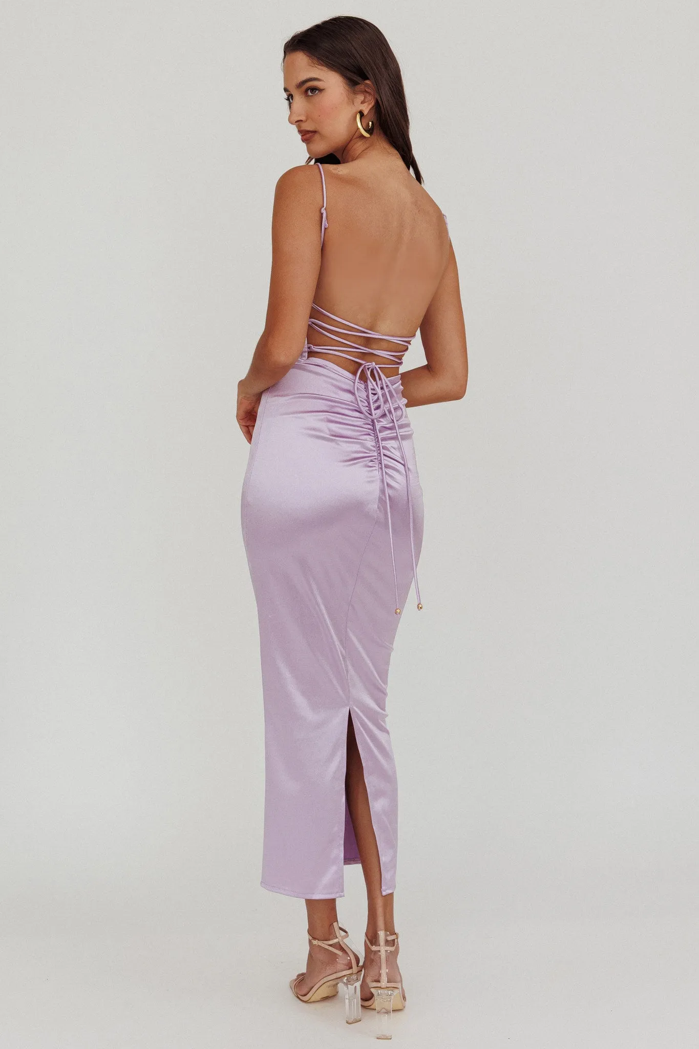 Seraya Lace-Up Back Satin Maxi Dress Lilac sold by Selfie Leslie product image thumbnail 2