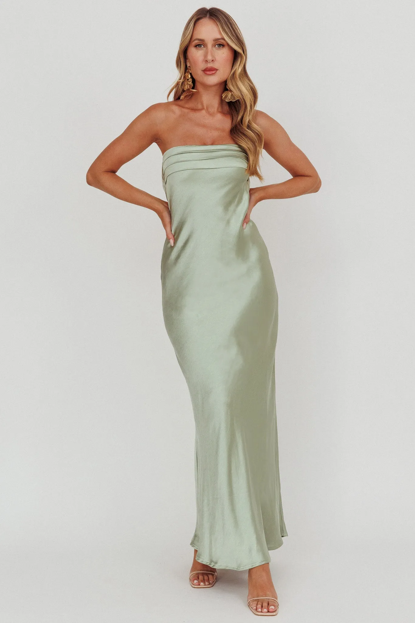 Kona Strapless Pleated Bust Satin Maxi Dress Sage sold by Selfie Leslie product image thumbnail 3
