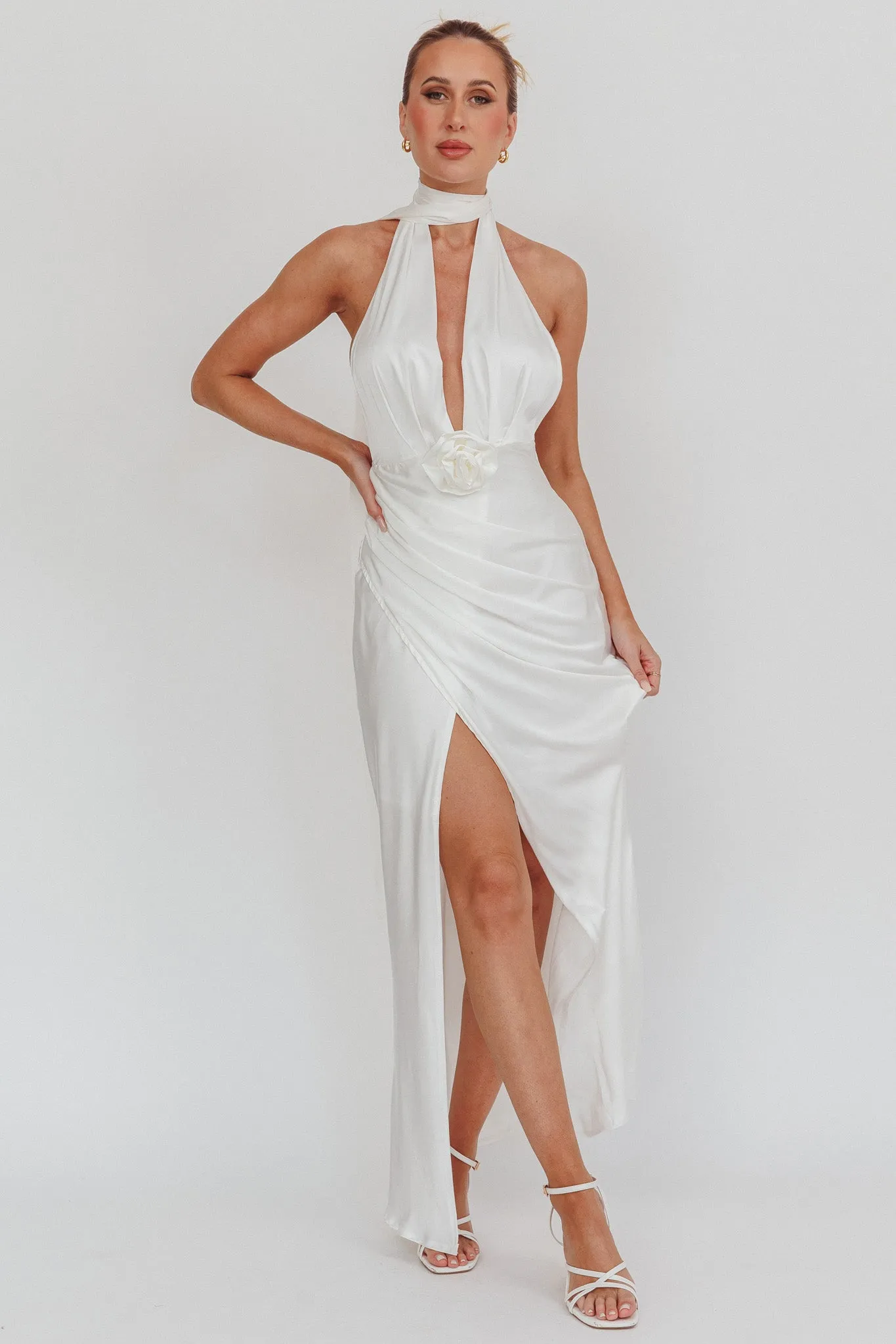 Italia Azure Halterneck Rosette Maxi Dress Oyster sold by Selfie Leslie