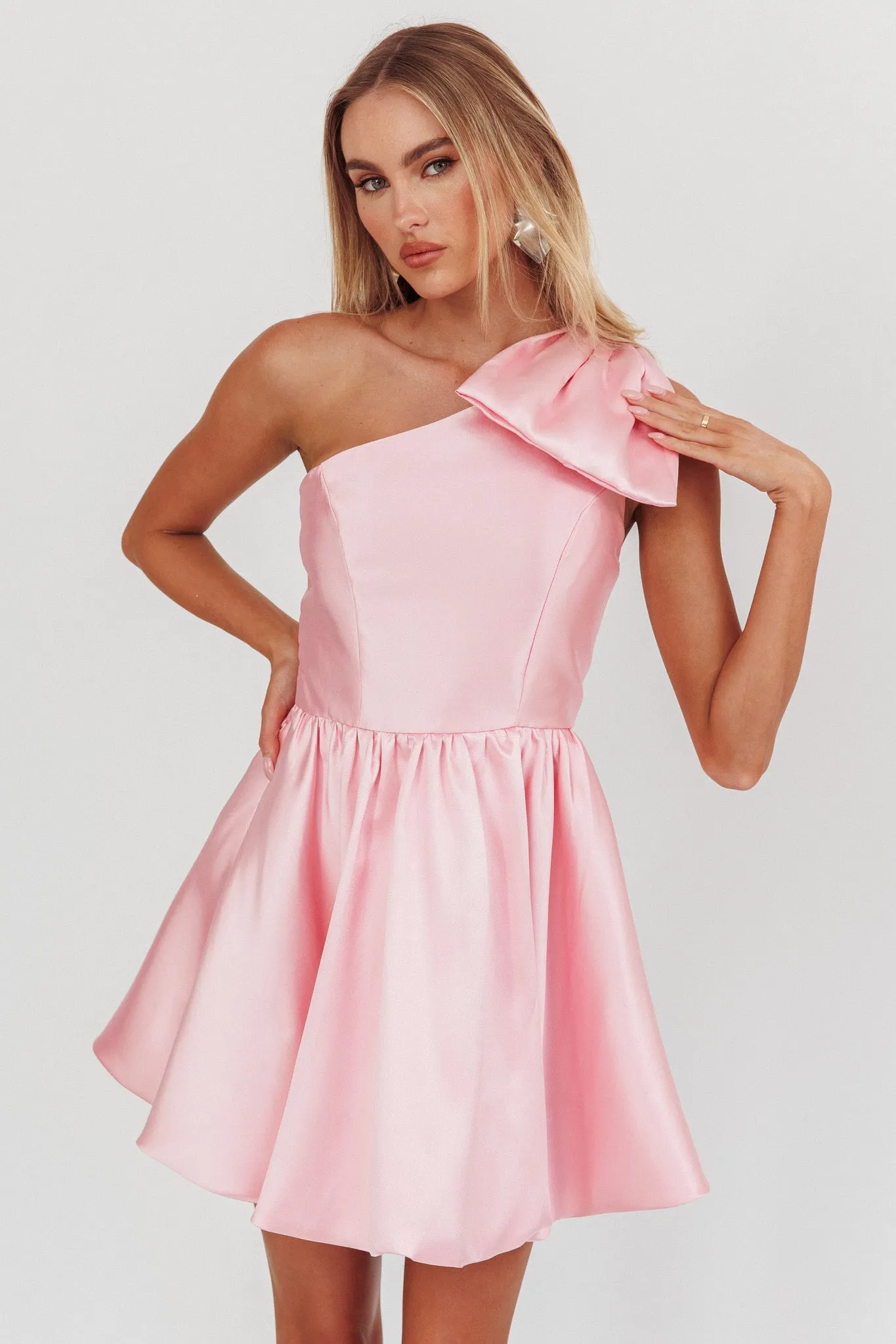 Athens Shoulder Bow Bubble Hem Mini Dress Blush sold by Selfie Leslie