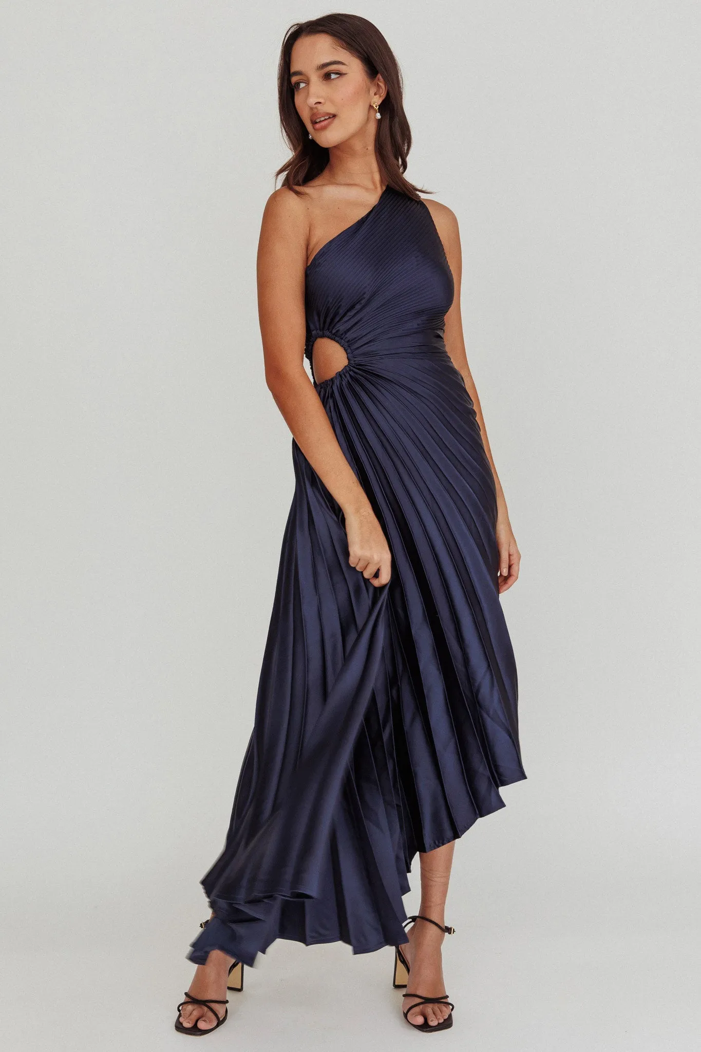 Brooklynn One-Shoulder Accordion Pleat Midi Dress Navy sold by Selfie Leslie product image thumbnail 3