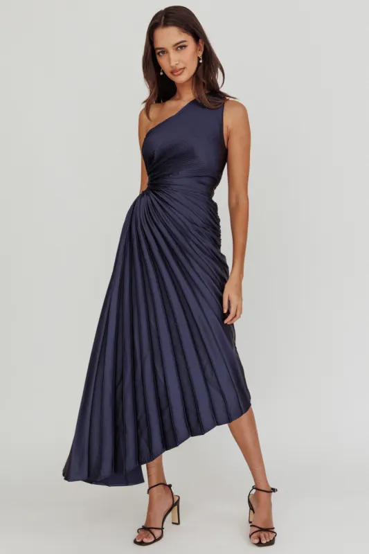 Brooklynn One-Shoulder Accordion Pleat Midi Dress Navy sold by Selfie Leslie