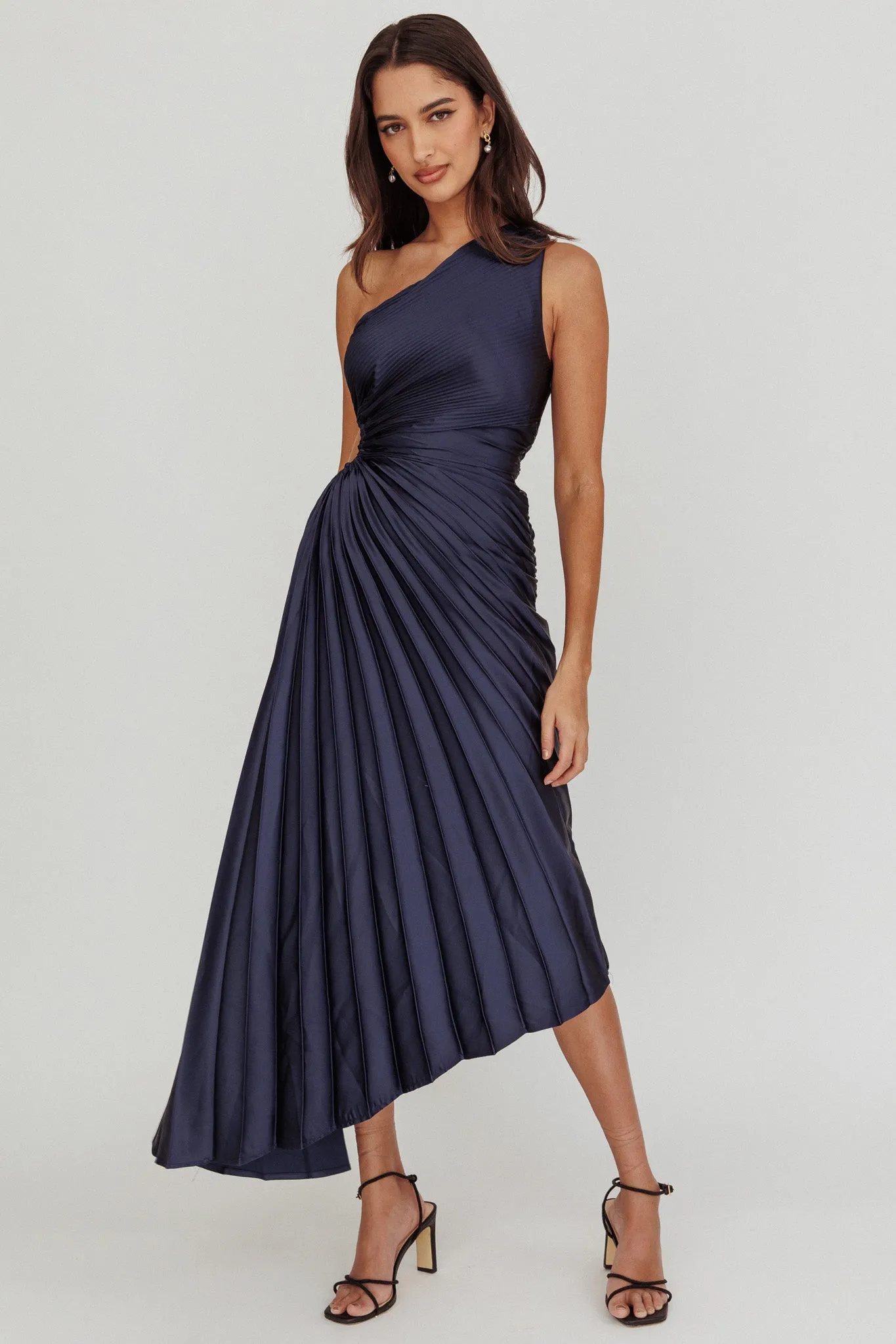 Brooklynn One-Shoulder Accordion Pleat Midi Dress Navy sold by Selfie Leslie