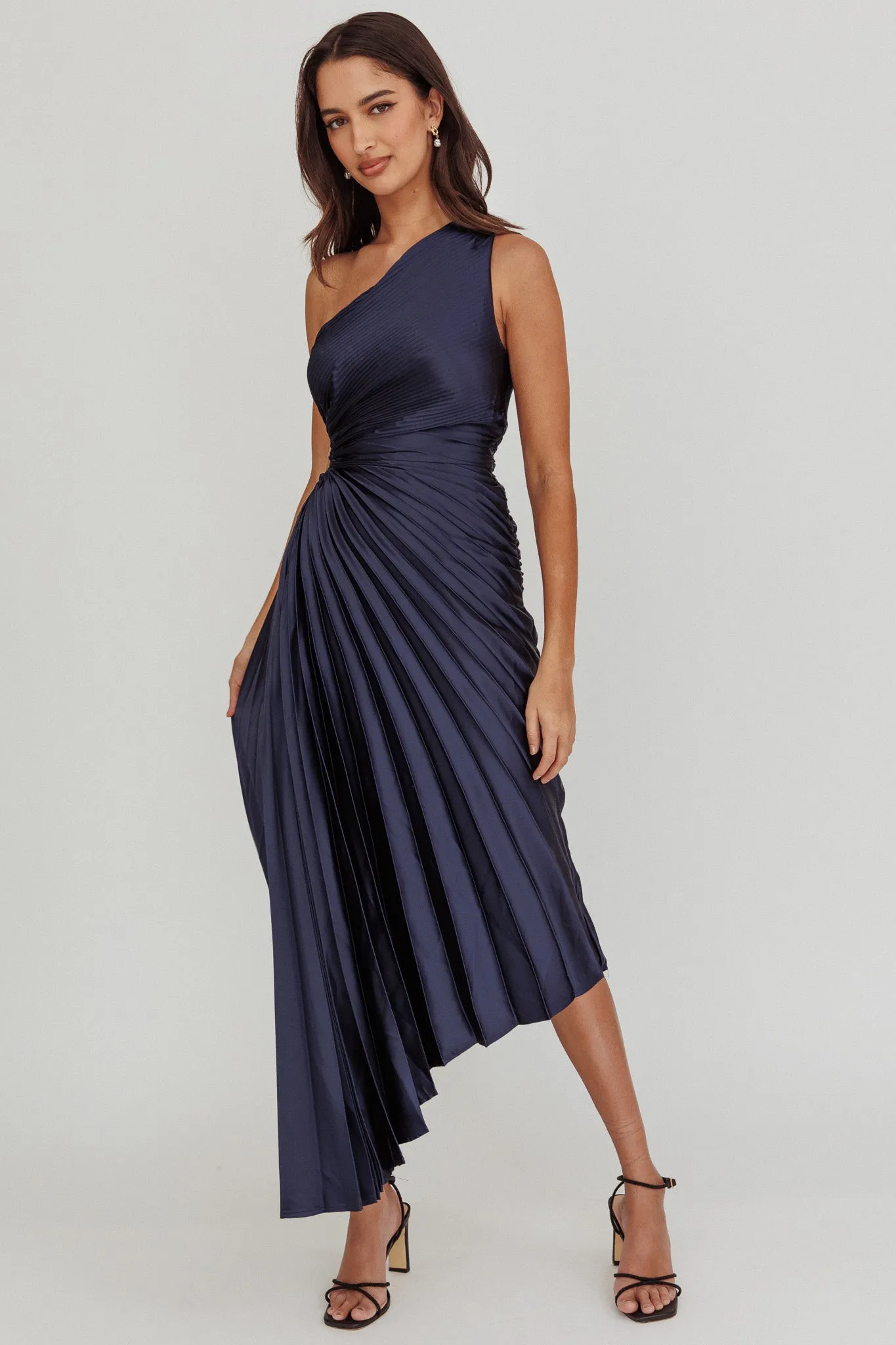 Brooklynn One-Shoulder Accordion Pleat Midi Dress Navy sold by Selfie Leslie product image thumbnail 5