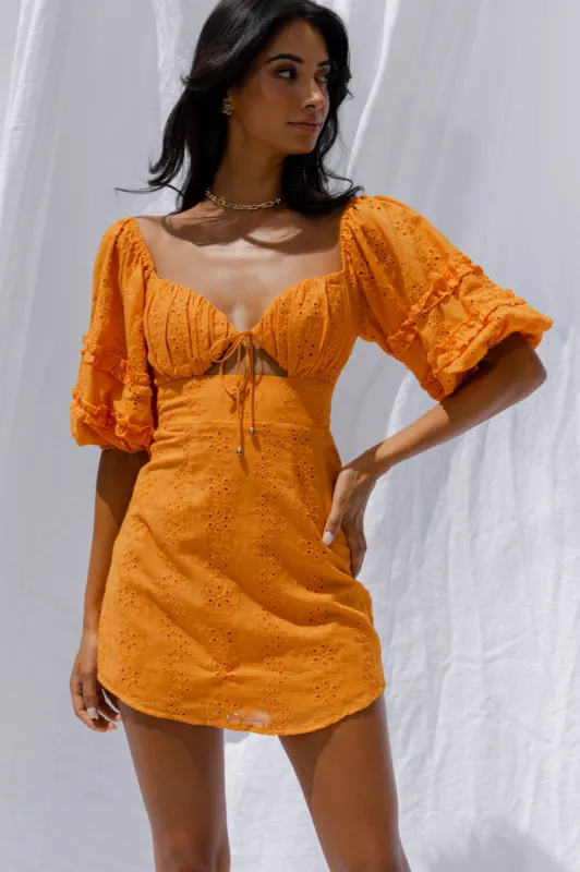 Sweet Romance Puff Sleeve Eyelet Mini Dress Sunset sold by Selfie Leslie