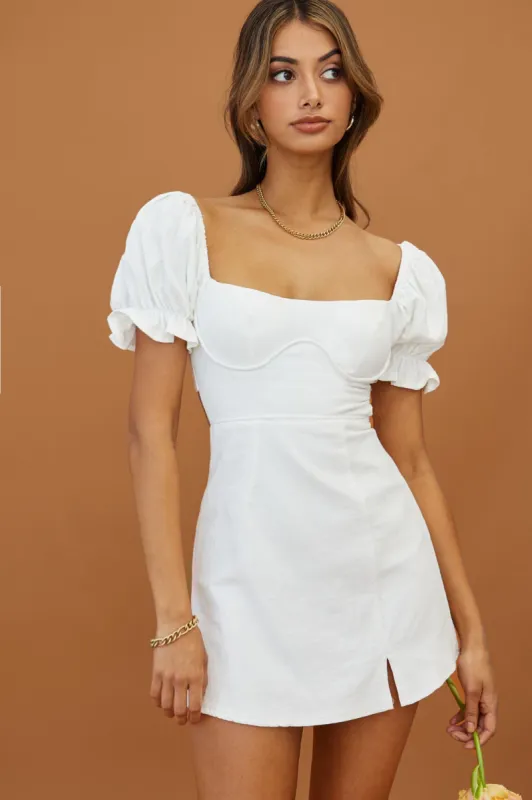 Norma Jean Puff Sleeve Piping Trim Mini Dress White sold by Selfie Leslie