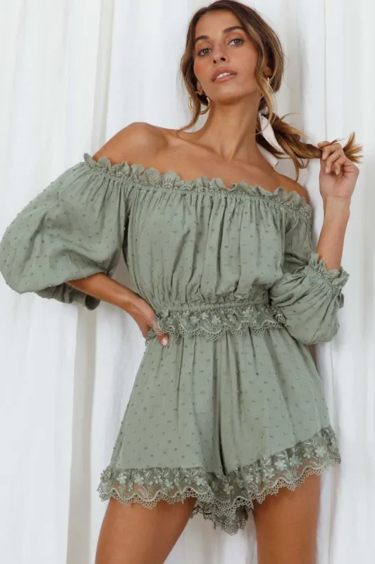 Romilly Scalloped Lace Trim Off-Shoulder Top Olive sold by Selfie Leslie