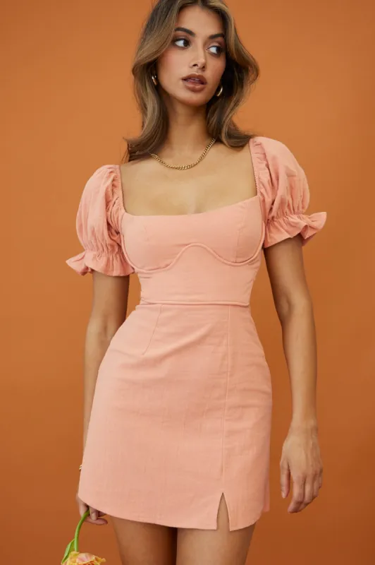 Norma Jean Puff Sleeve Piping Trim Mini Dress Apricot sold by Selfie Leslie