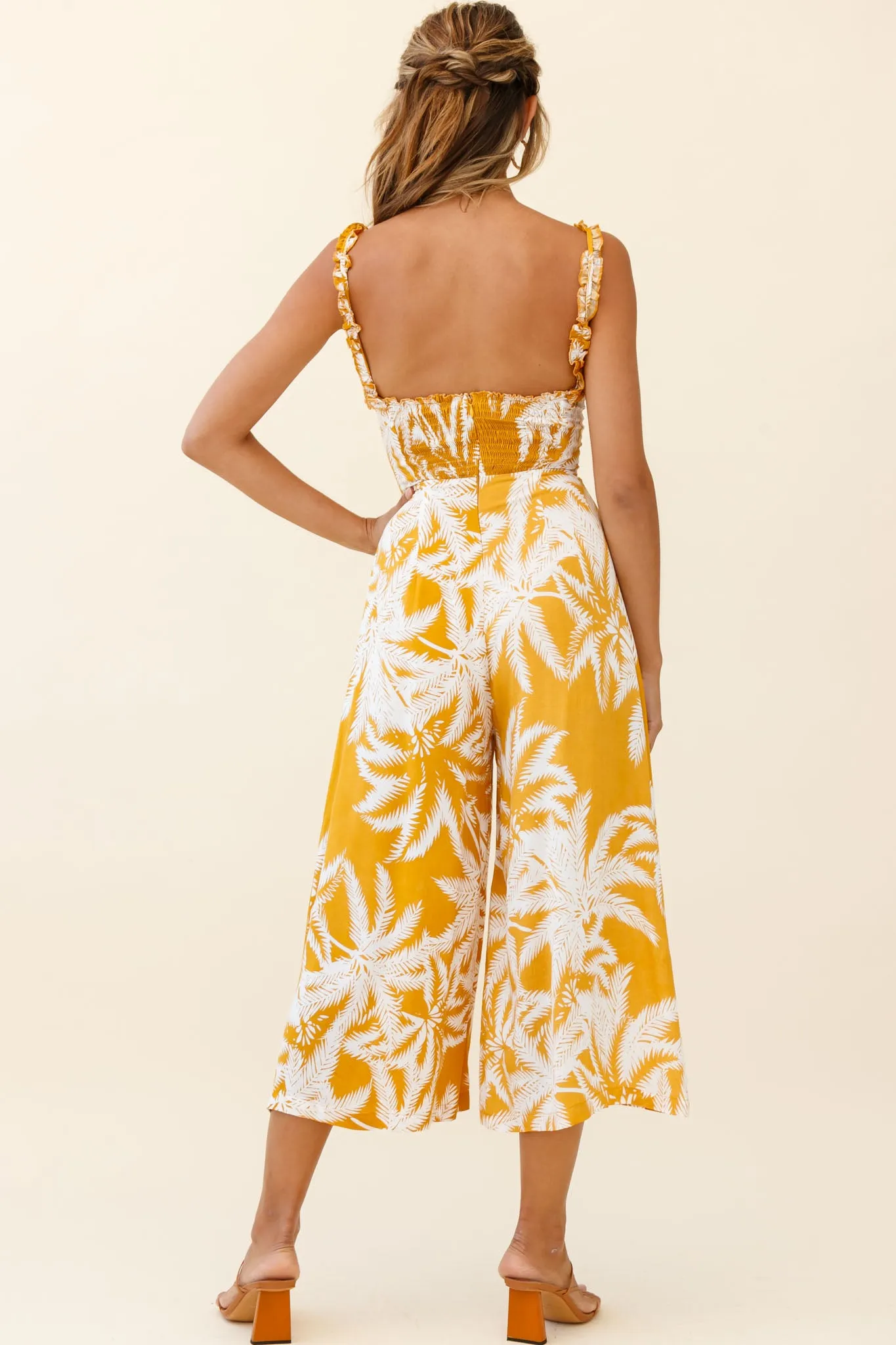Magdalene Frill Strap Midi Jumpsuit Palm Print Yellow sold by Selfie Leslie product image thumbnail 5