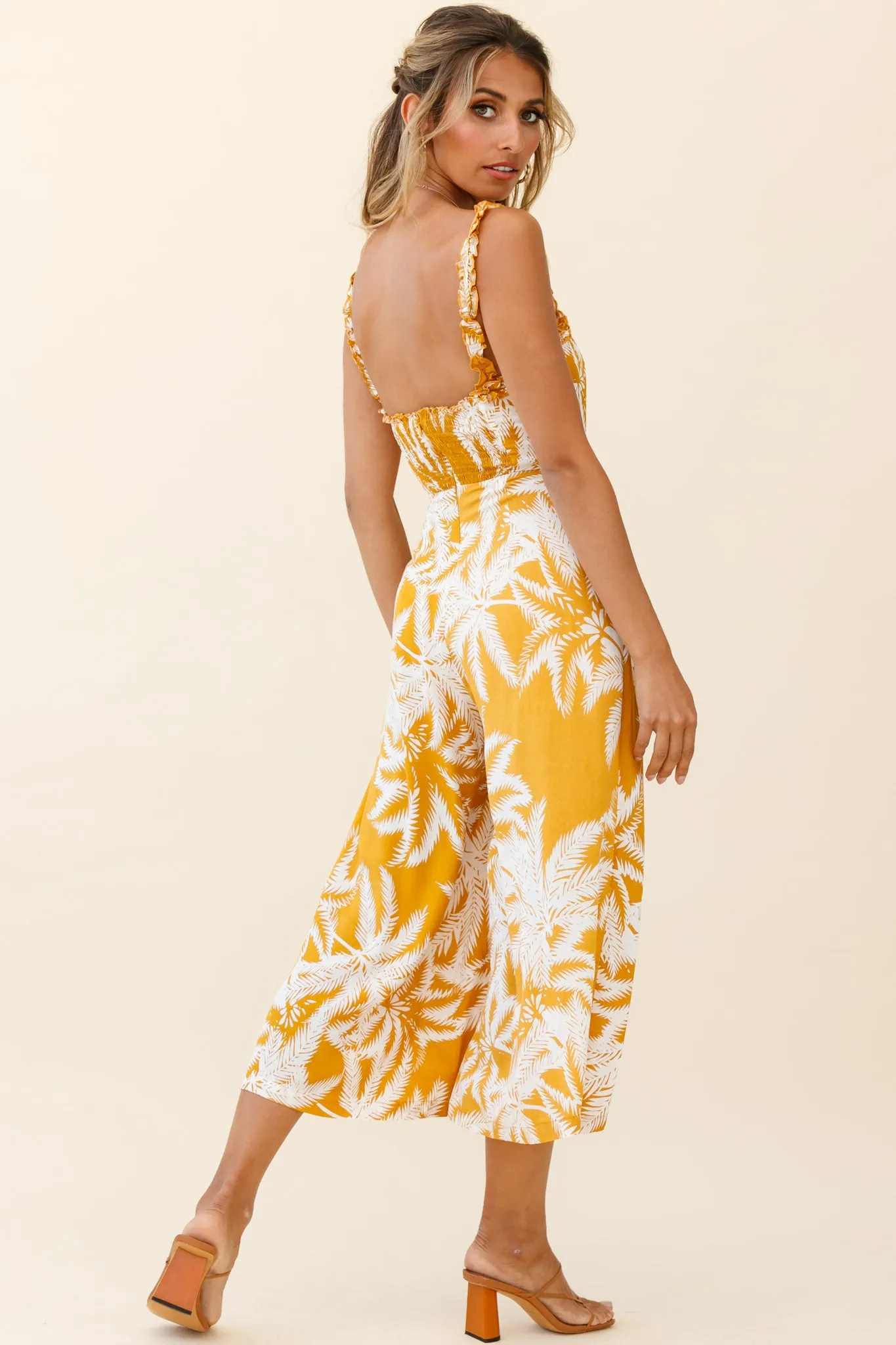 Magdalene Frill Strap Midi Jumpsuit Palm Print Yellow sold by Selfie Leslie product image thumbnail 2
