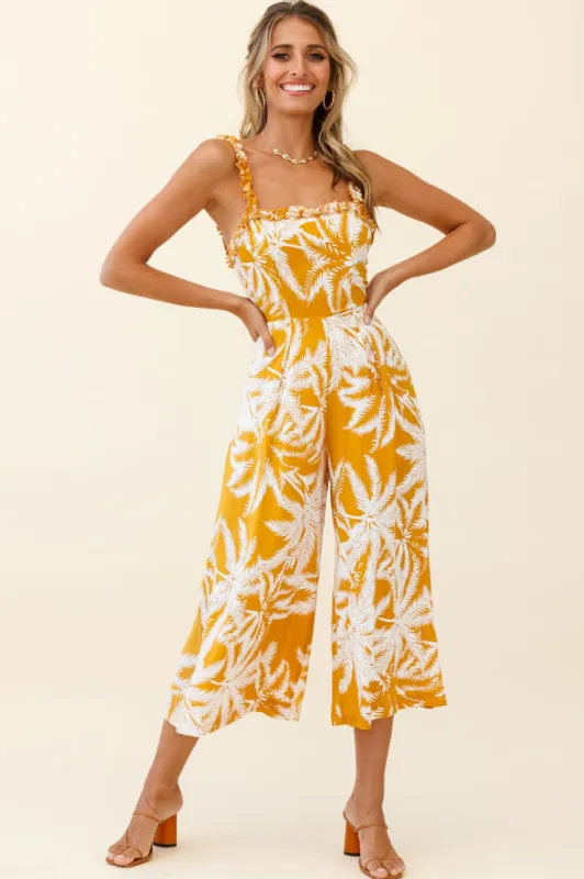 Magdalene Frill Strap Midi Jumpsuit Palm Print Yellow sold by Selfie Leslie