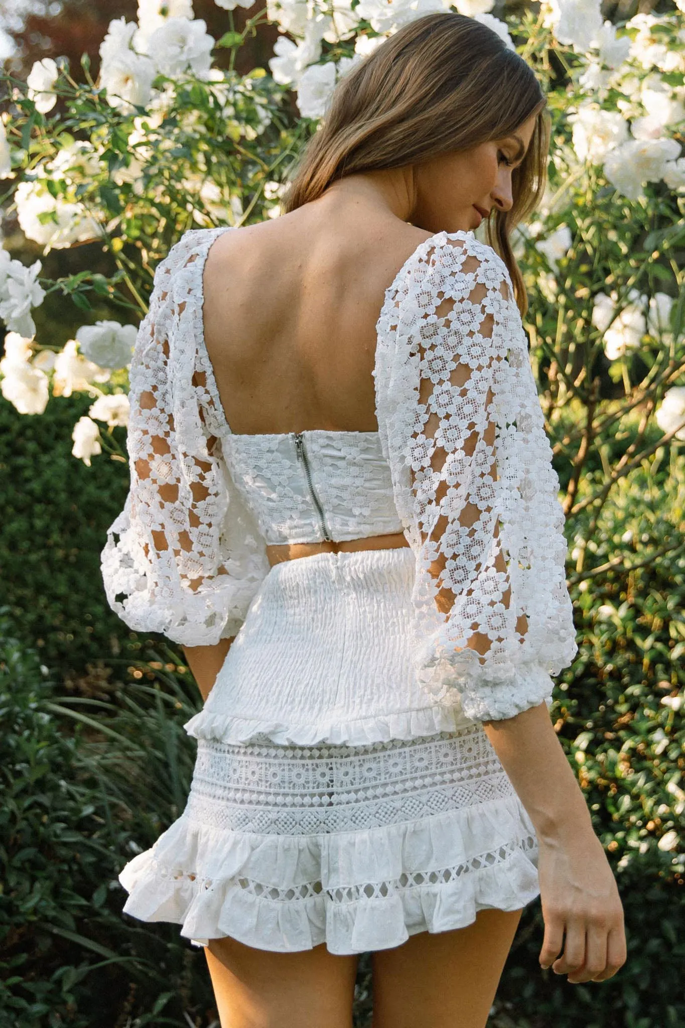 Summer Bloom Balloon Sleeve Lace Overlay Crop Top White sold by Selfie Leslie product image thumbnail 2