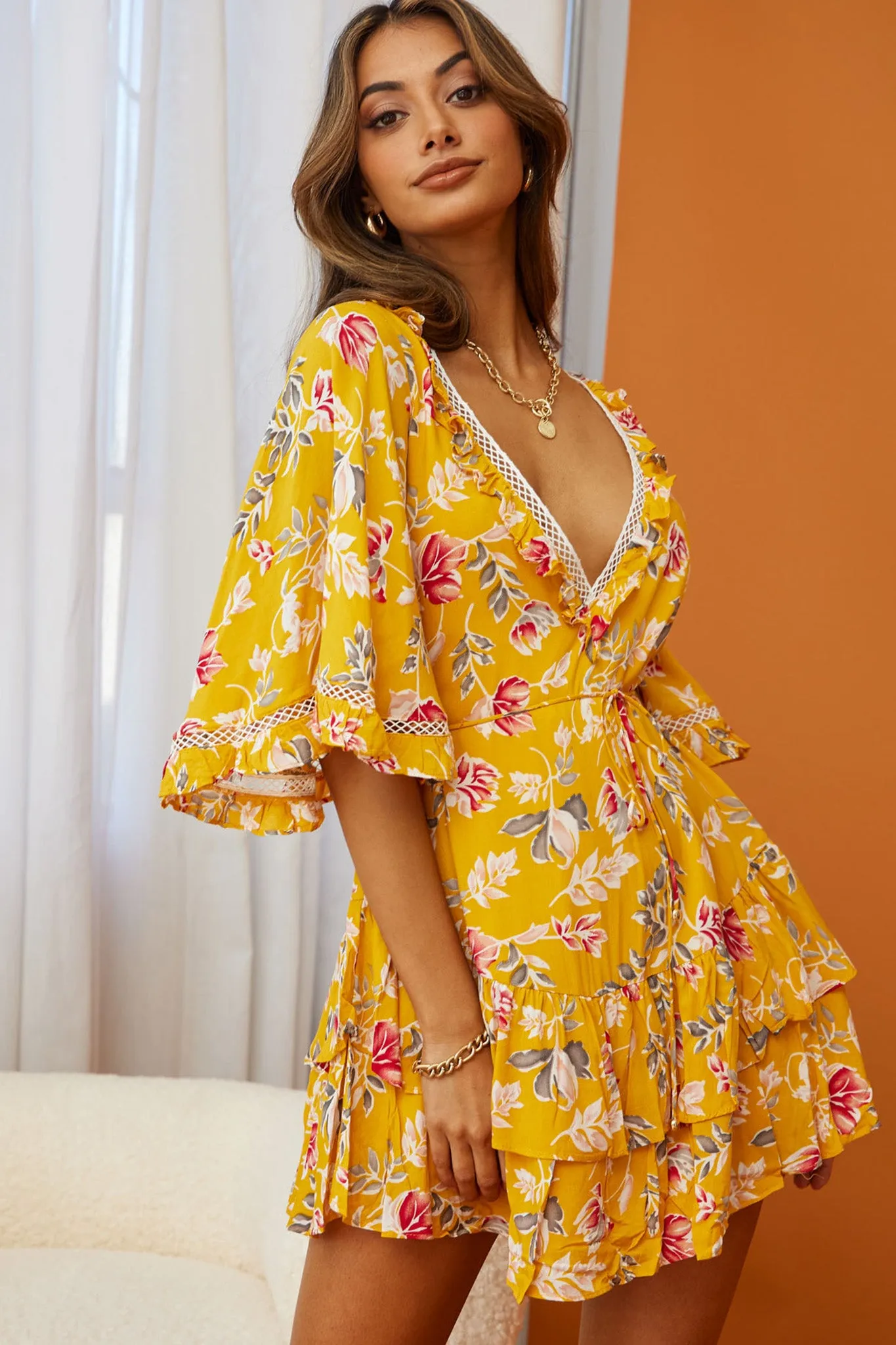 Lotus Crochet Trim Angel Sleeve Dress Floral Print Mustard sold by Selfie Leslie product image thumbnail 5