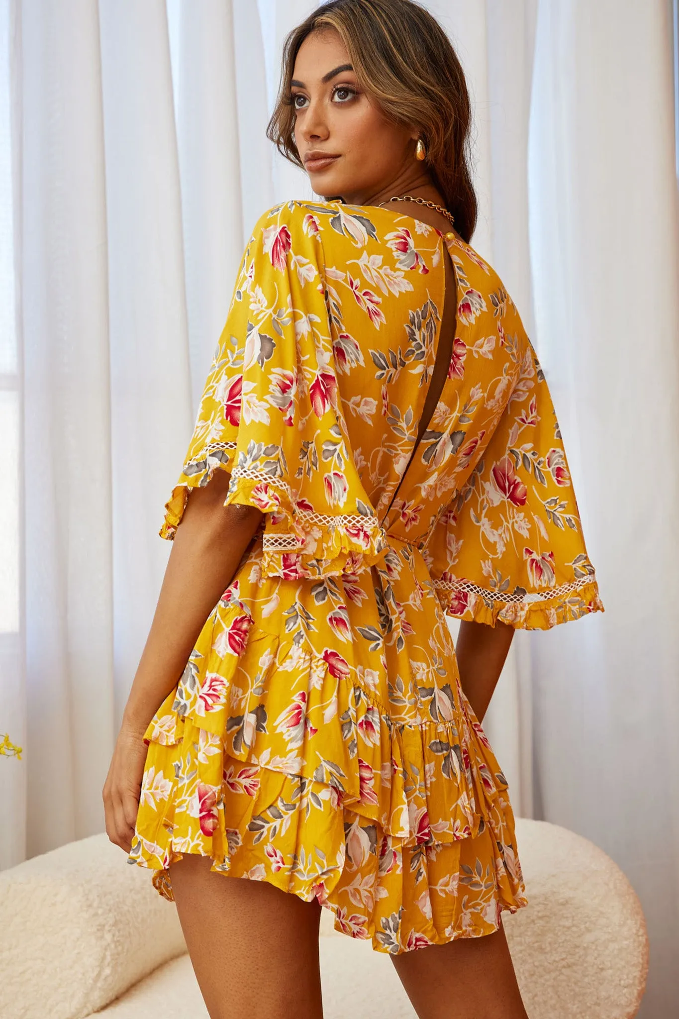 Lotus Crochet Trim Angel Sleeve Dress Floral Print Mustard sold by Selfie Leslie product image thumbnail 2