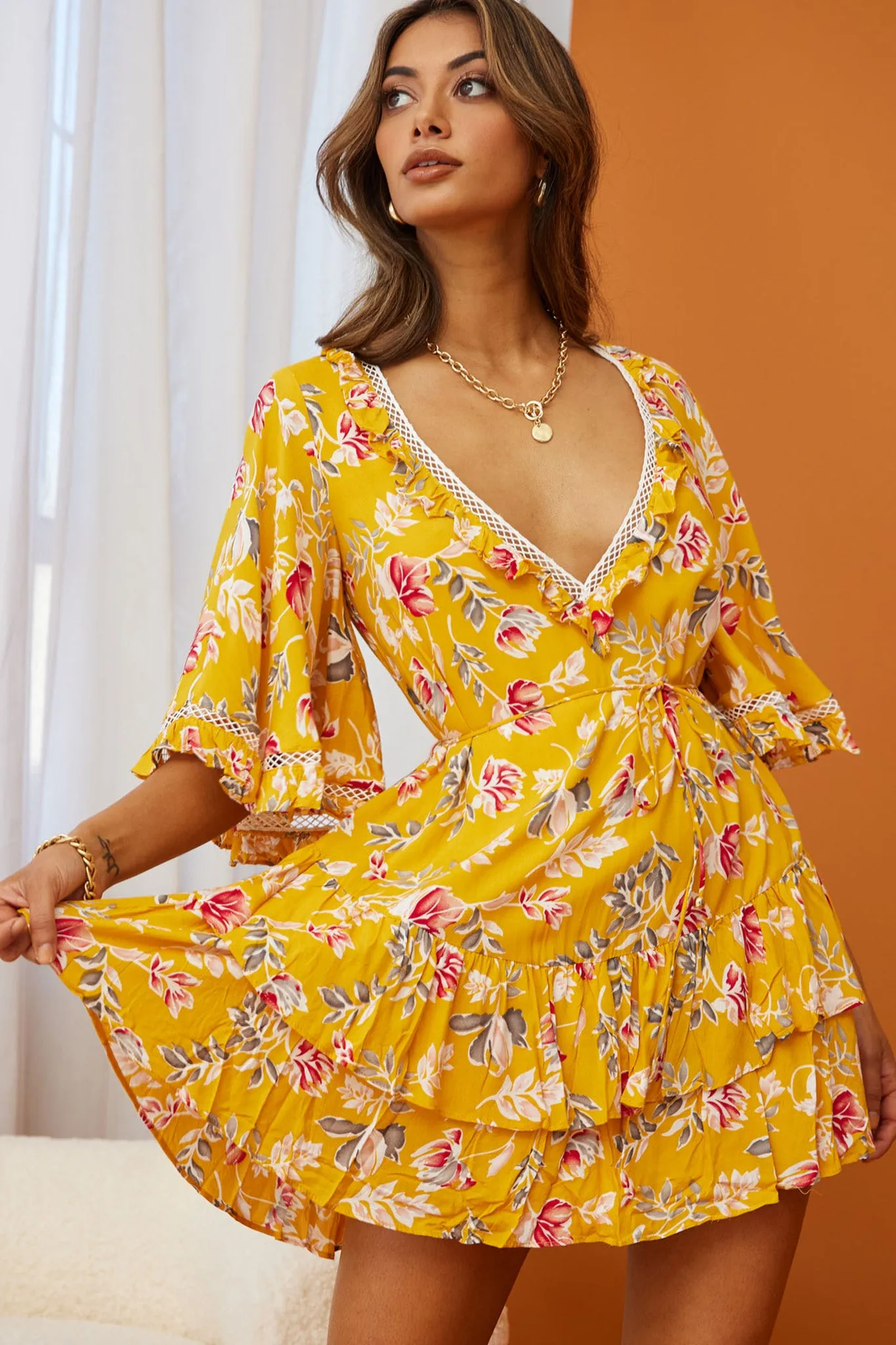 Lotus Crochet Trim Angel Sleeve Dress Floral Print Mustard sold by Selfie Leslie product image thumbnail 4