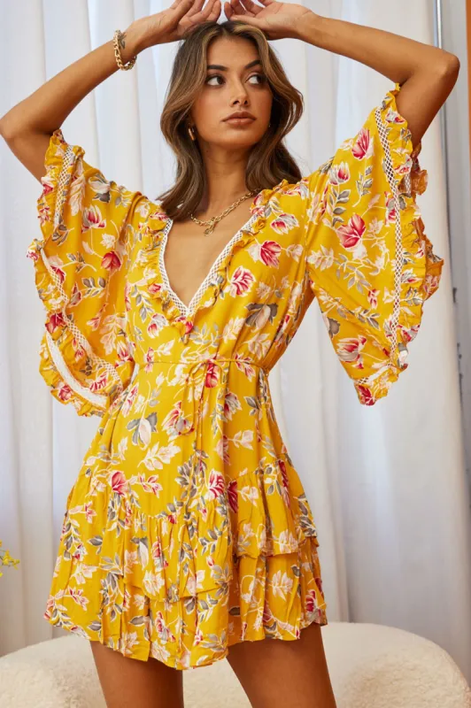 Lotus Crochet Trim Angel Sleeve Dress Floral Print Mustard sold by Selfie Leslie