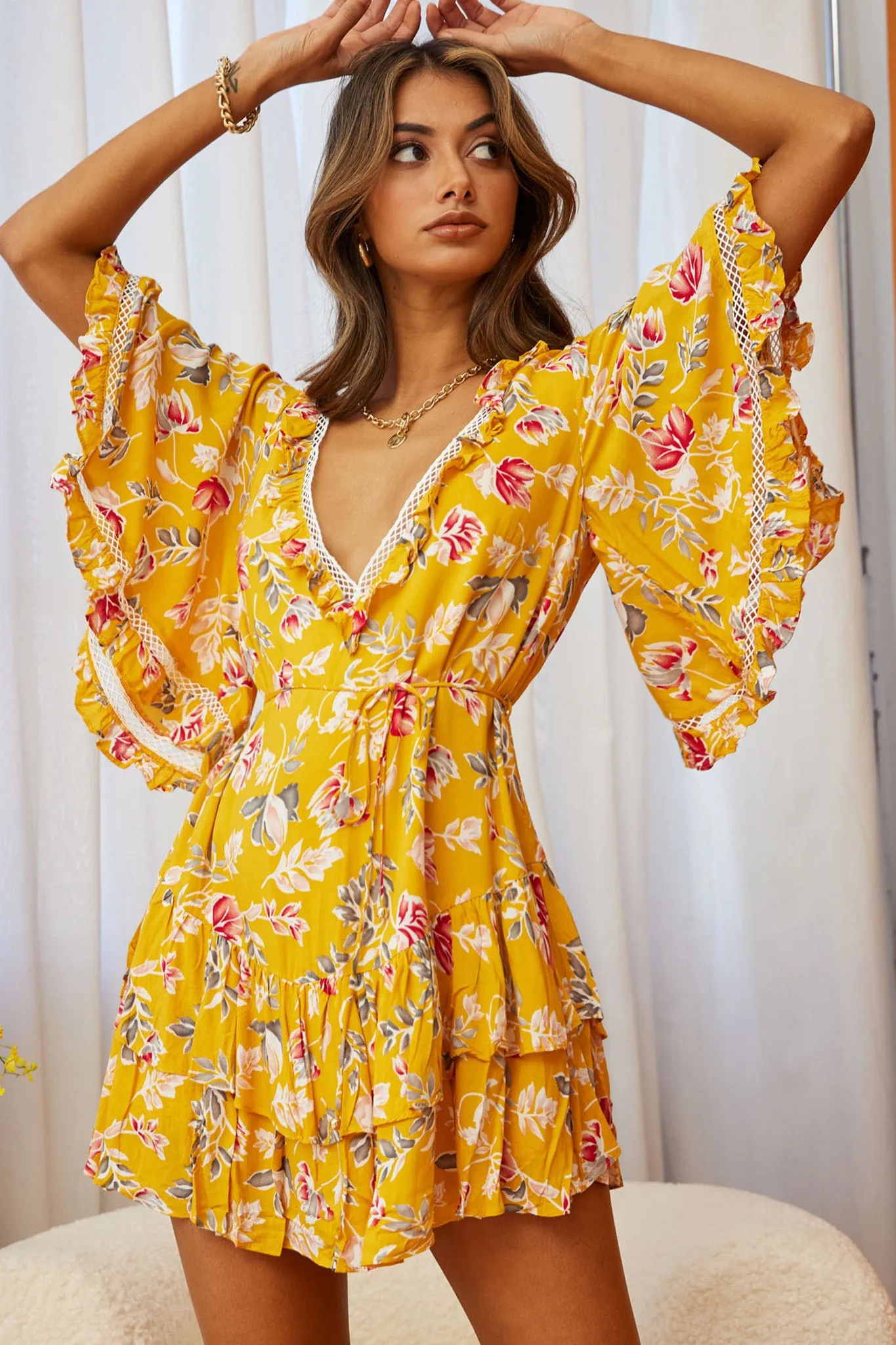 Lotus Crochet Trim Angel Sleeve Dress Floral Print Mustard sold by Selfie Leslie