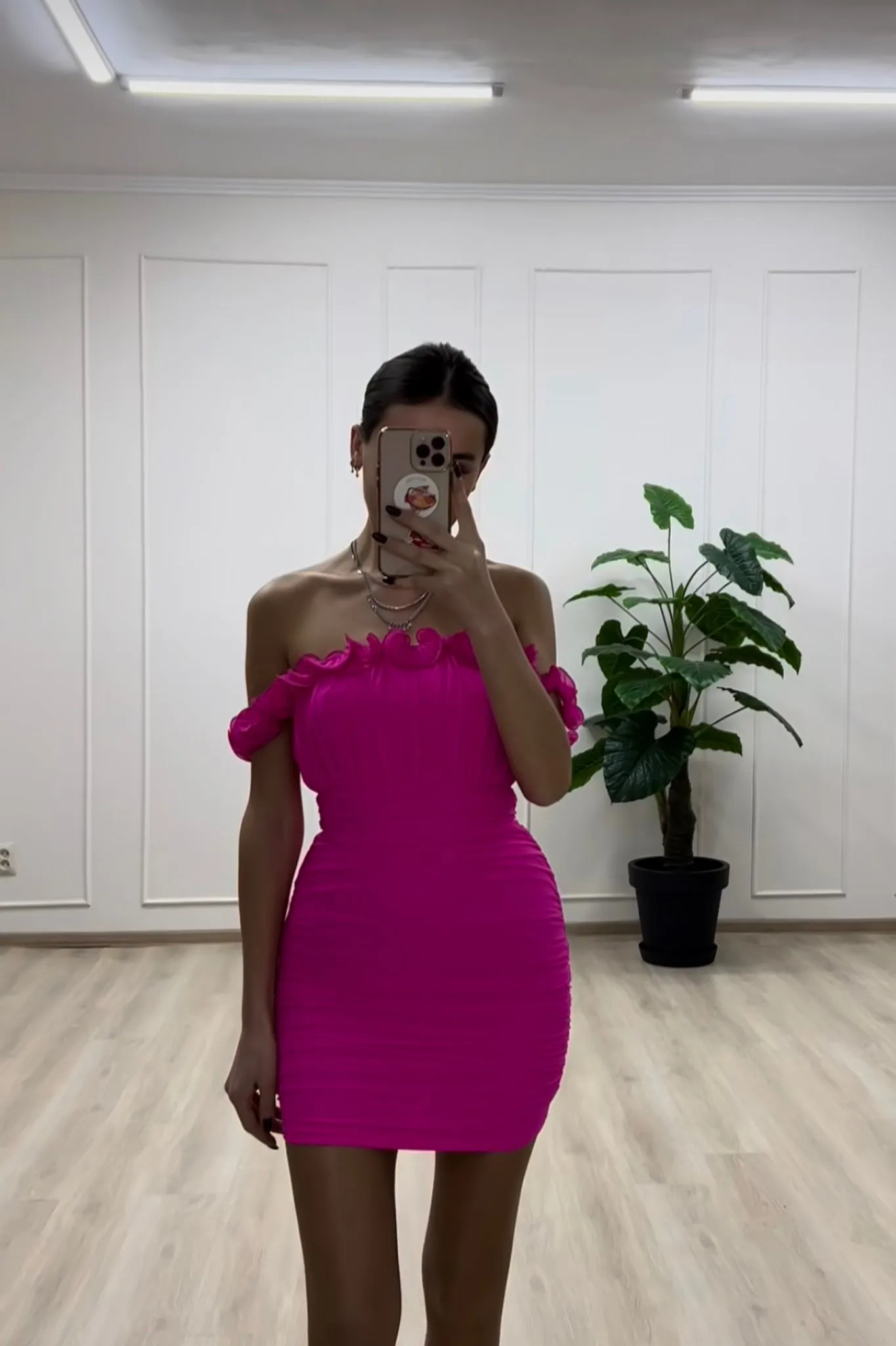 Senorita Off-Shoulder Lettuce Edge Detail Ruched Mini Dress Hot Pink sold by Selfie Leslie product image thumbnail 4