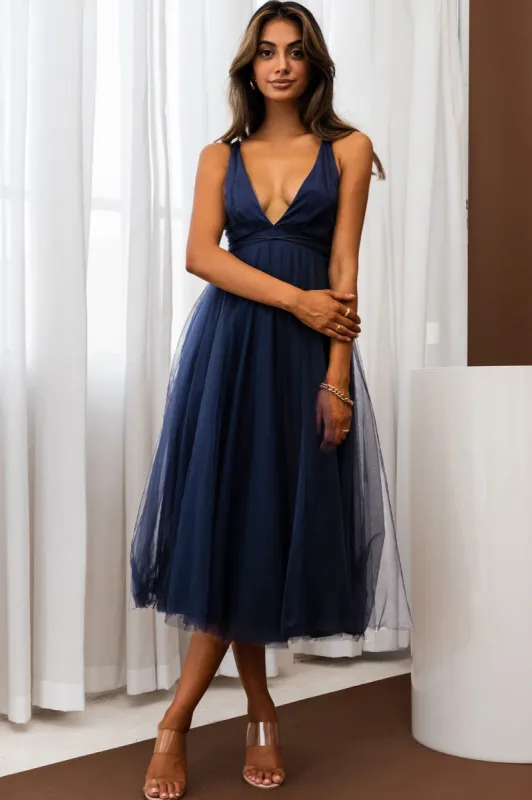 Floating By Plunging Neckline Mesh Overlay Midi Dress Navy sold by Selfie Leslie