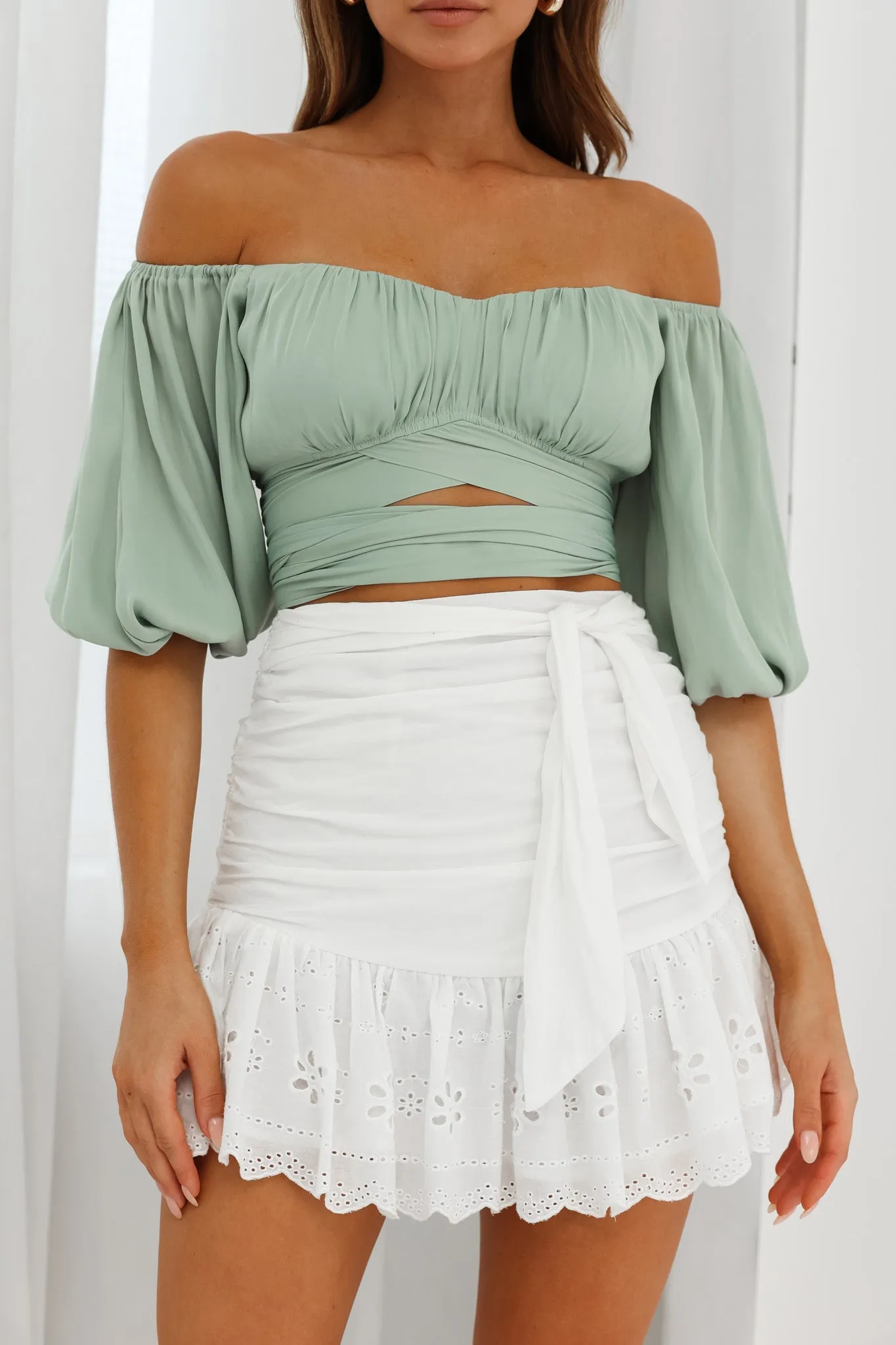Linka Off-Shoulder Half Sleeve Tie-Back Crop Top Pistachio sold by Selfie Leslie product image thumbnail 4