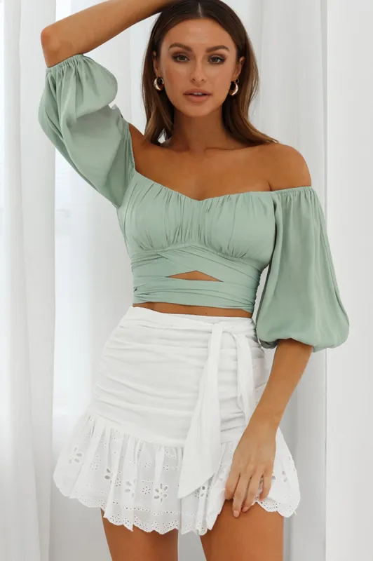 Linka Off-Shoulder Half Sleeve Tie-Back Crop Top Pistachio sold by Selfie Leslie