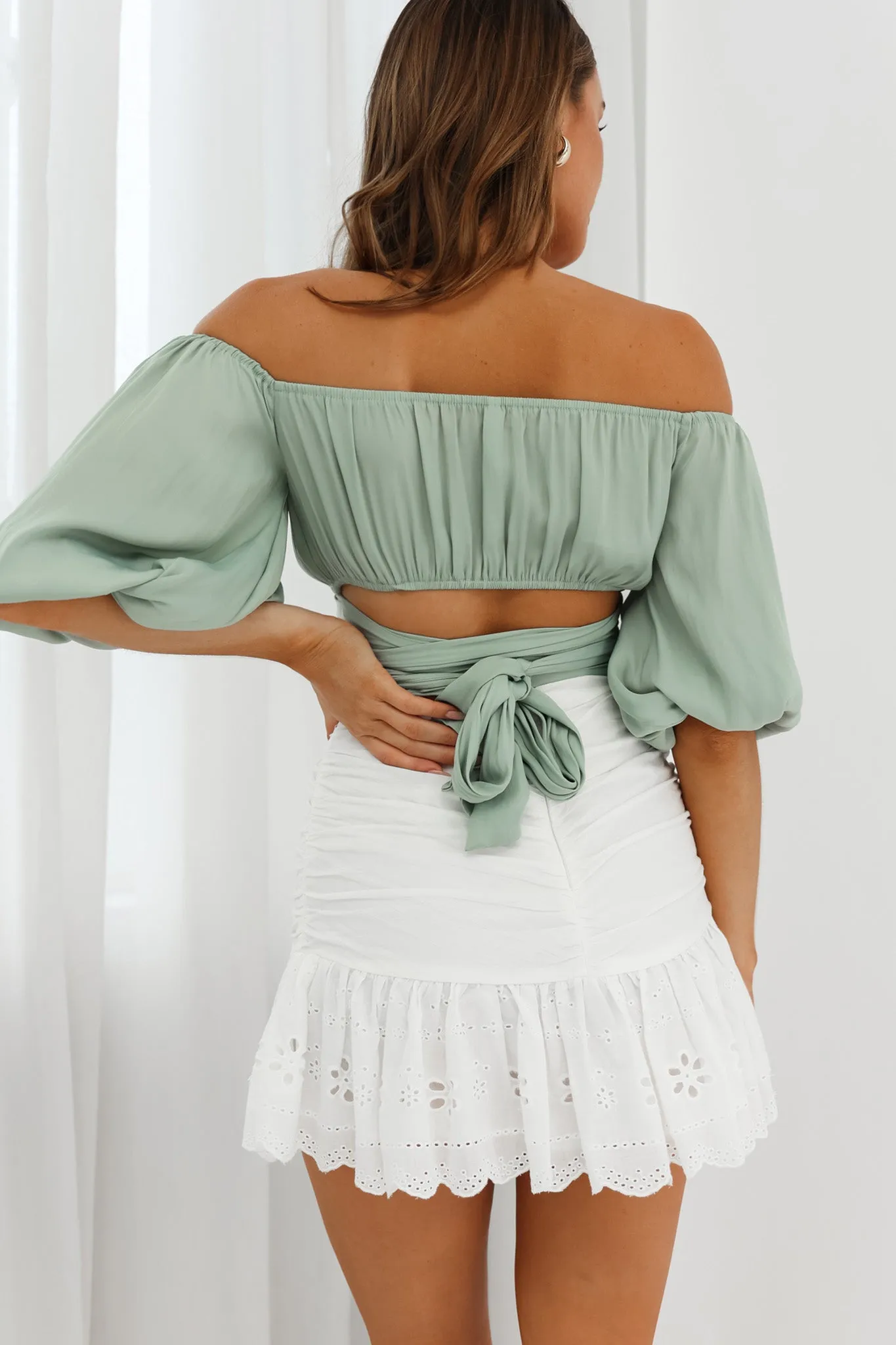 Linka Off-Shoulder Half Sleeve Tie-Back Crop Top Pistachio sold by Selfie Leslie product image thumbnail 2