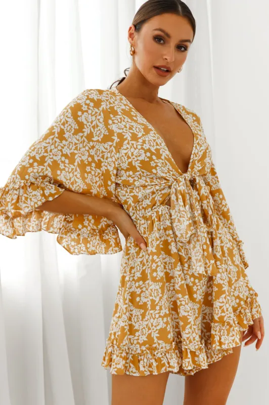 Athira Tied Bust Flared Sleeve Floral Stencil Print Romper Yellow sold by Selfie Leslie