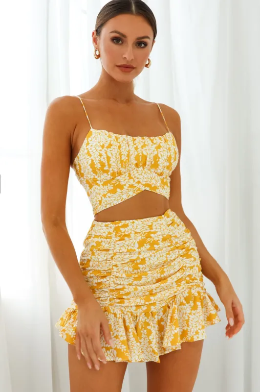 Linka Cami Strap Crop Top Leaf Print Yellow sold by Selfie Leslie
