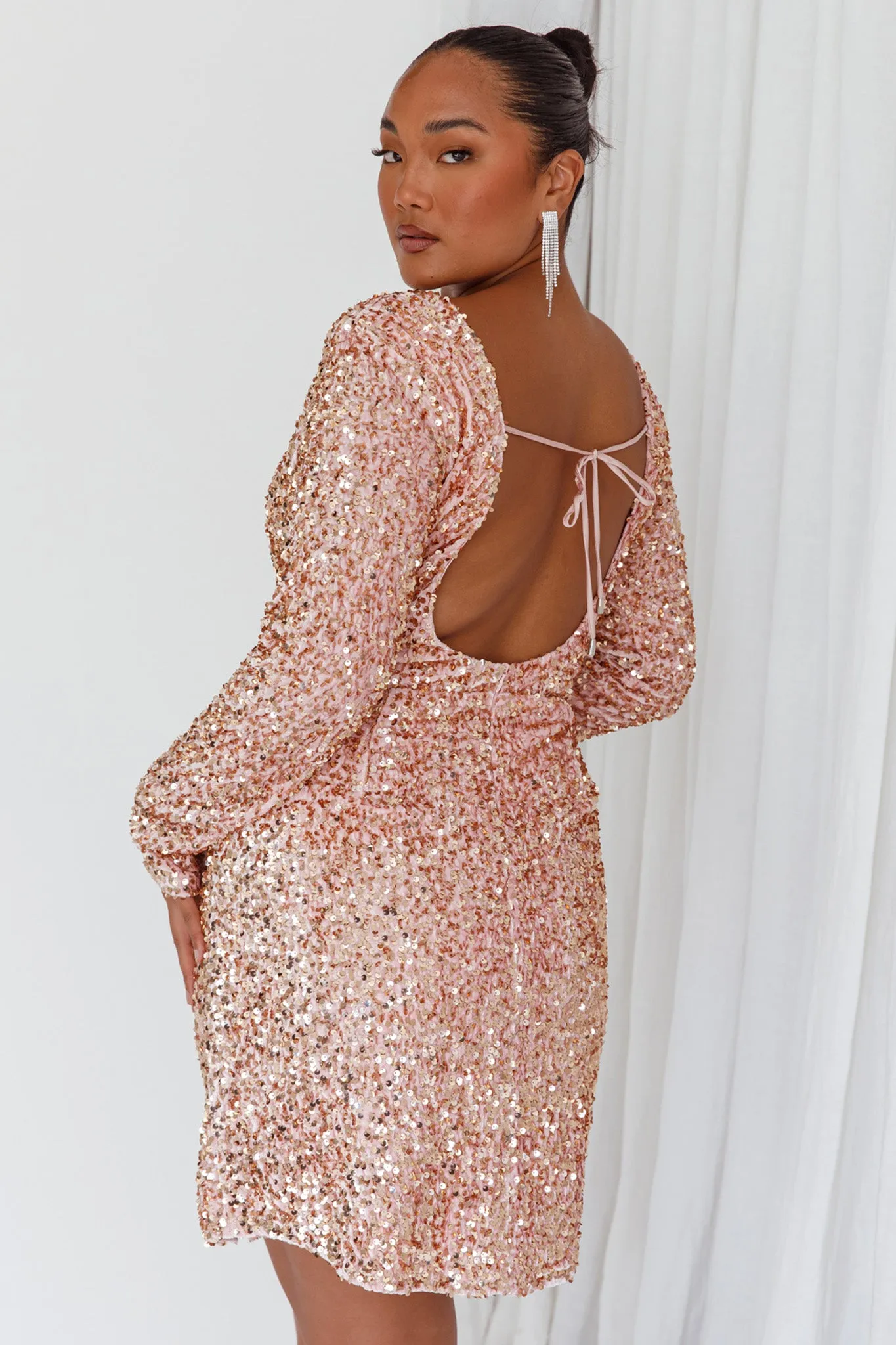 Demure Long Sleeve Open Back Dress Sequin Blush sold by Selfie Leslie product image thumbnail 4