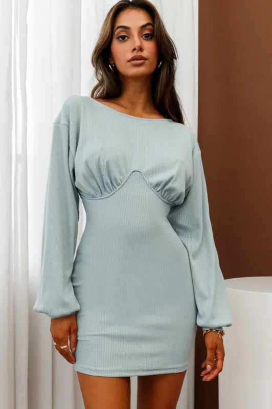 Sammy Long Balloon Sleeve Piping Detail Ribbed Dress Steel Blue sold by Selfie Leslie