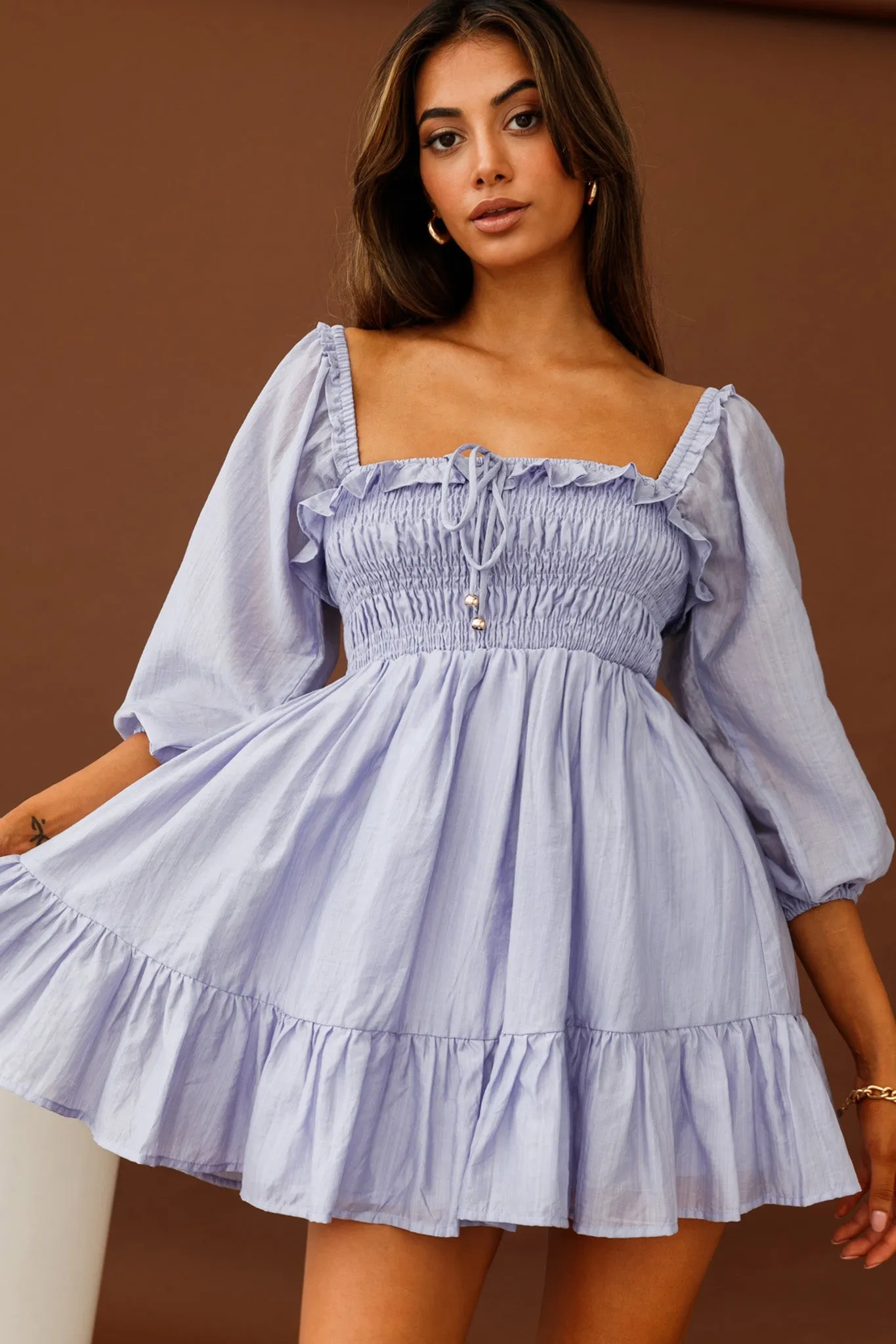 Flynn Balloon Sleeve Shirred Bust Mini Dress Lavender sold by Selfie Leslie