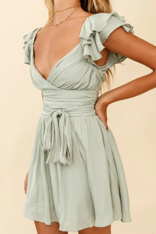 Lola Ruffle Shoulder Ruched Dress Pistachio sold by Selfie Leslie