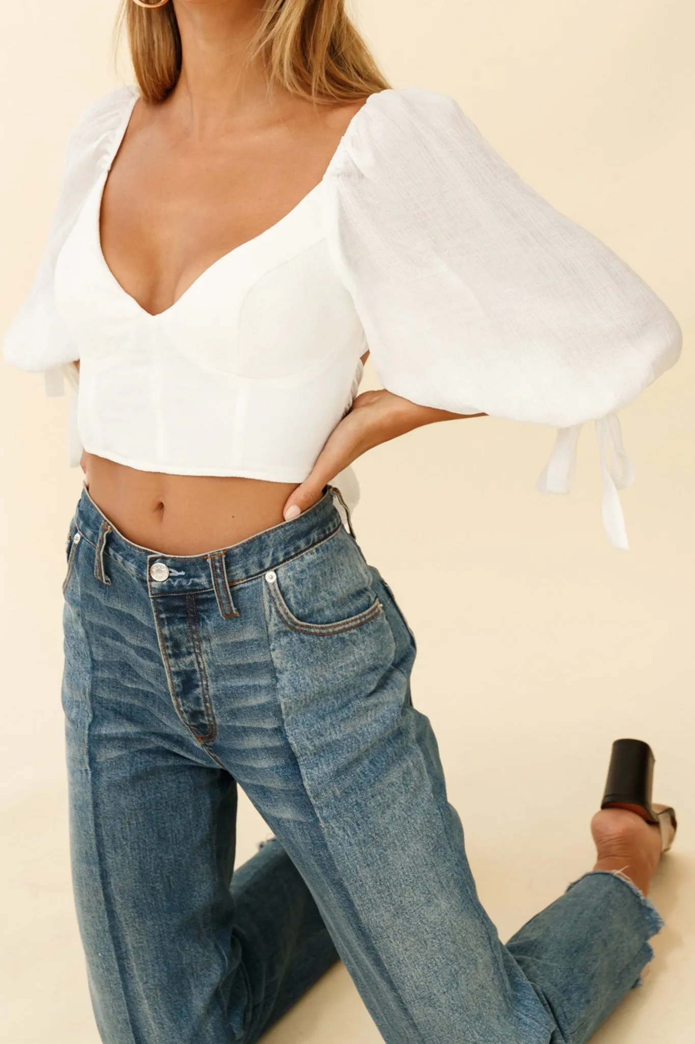 Make Memories Balloon Sleeve Molded Bust Crop Top White sold by Selfie Leslie product image thumbnail 3