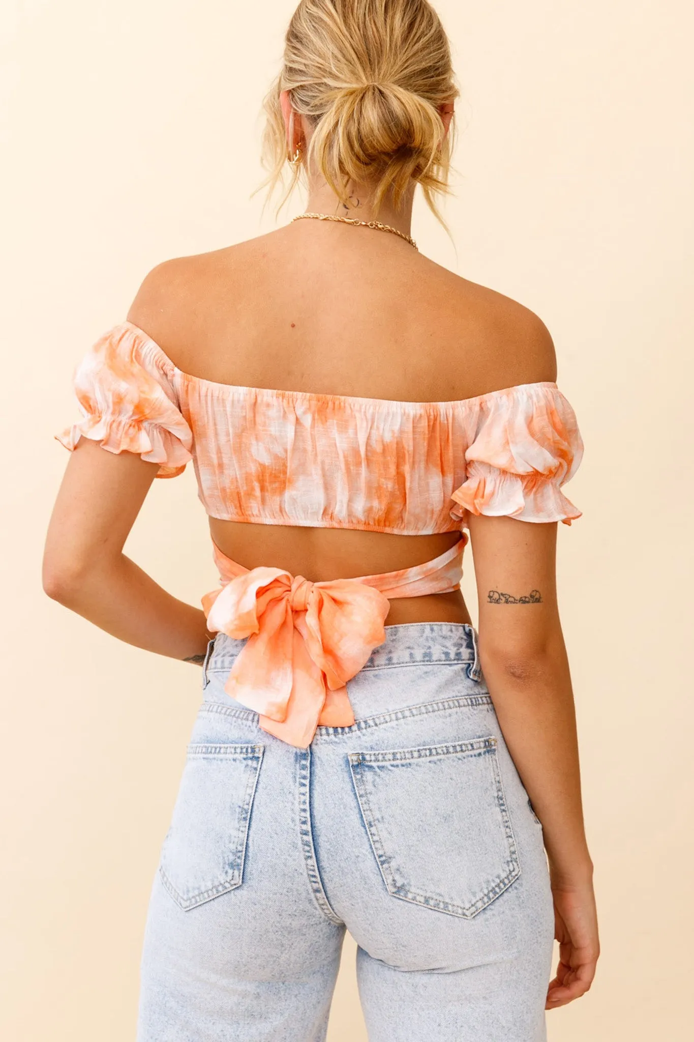 Linka Off-Shoulder Tie-Back Crop Top Tie-Dye Orange sold by Selfie Leslie product image thumbnail 2