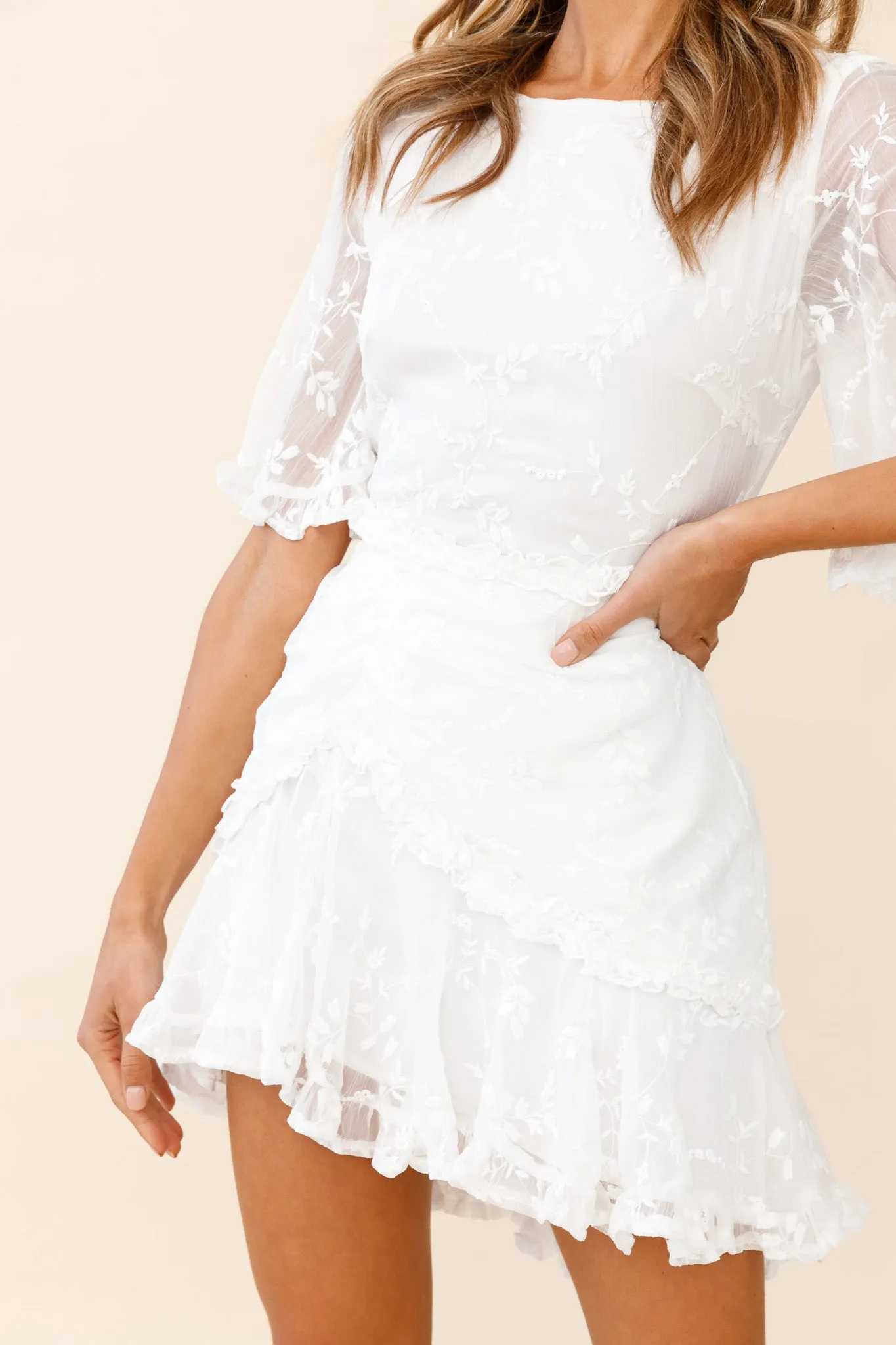 Leona Half Sleeve Frill Trim Dress Leaf Embroidered White sold by Selfie Leslie product image thumbnail 4