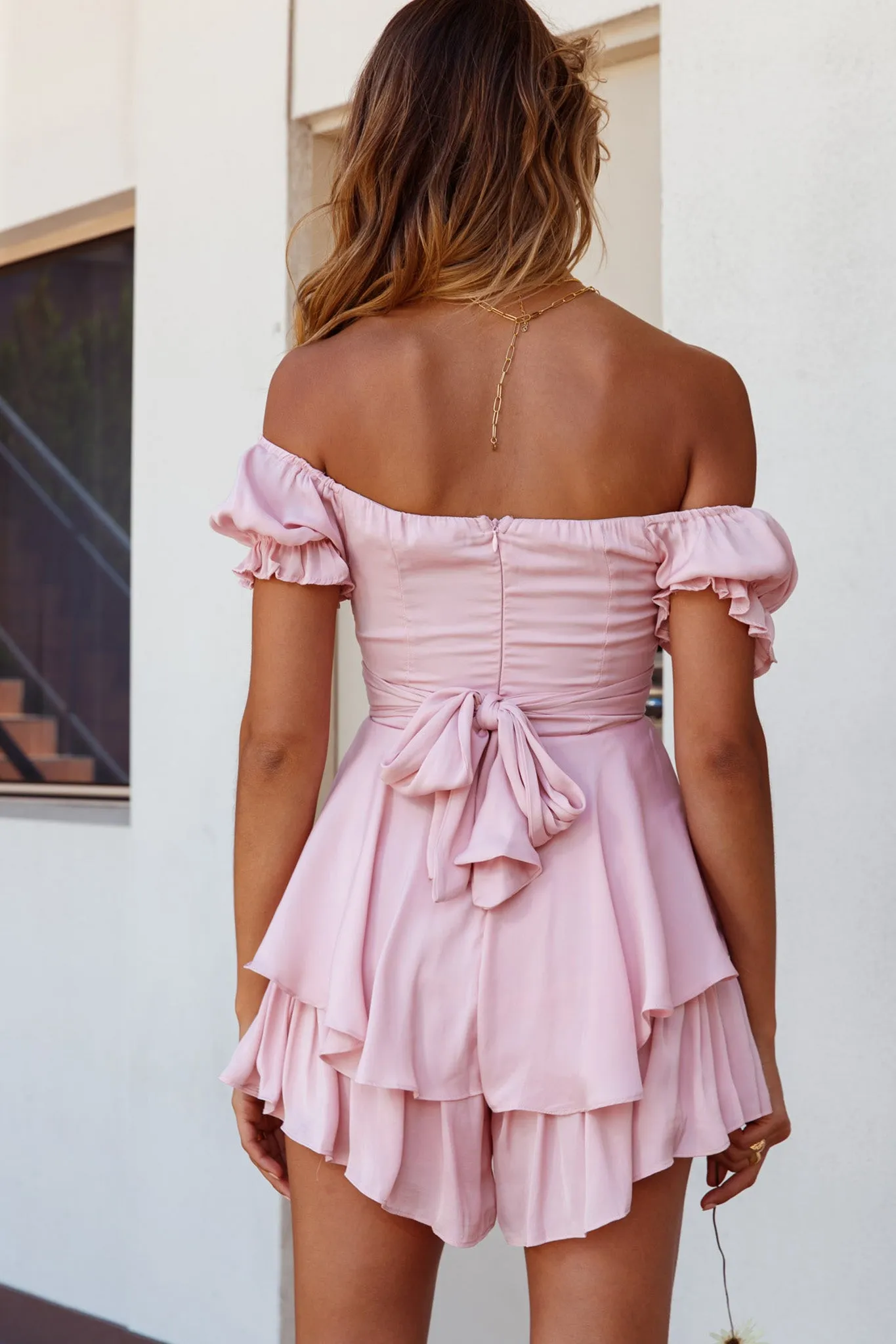 Linka Off-Shoulder Tie Back Romper Blush sold by Selfie Leslie product image thumbnail 2