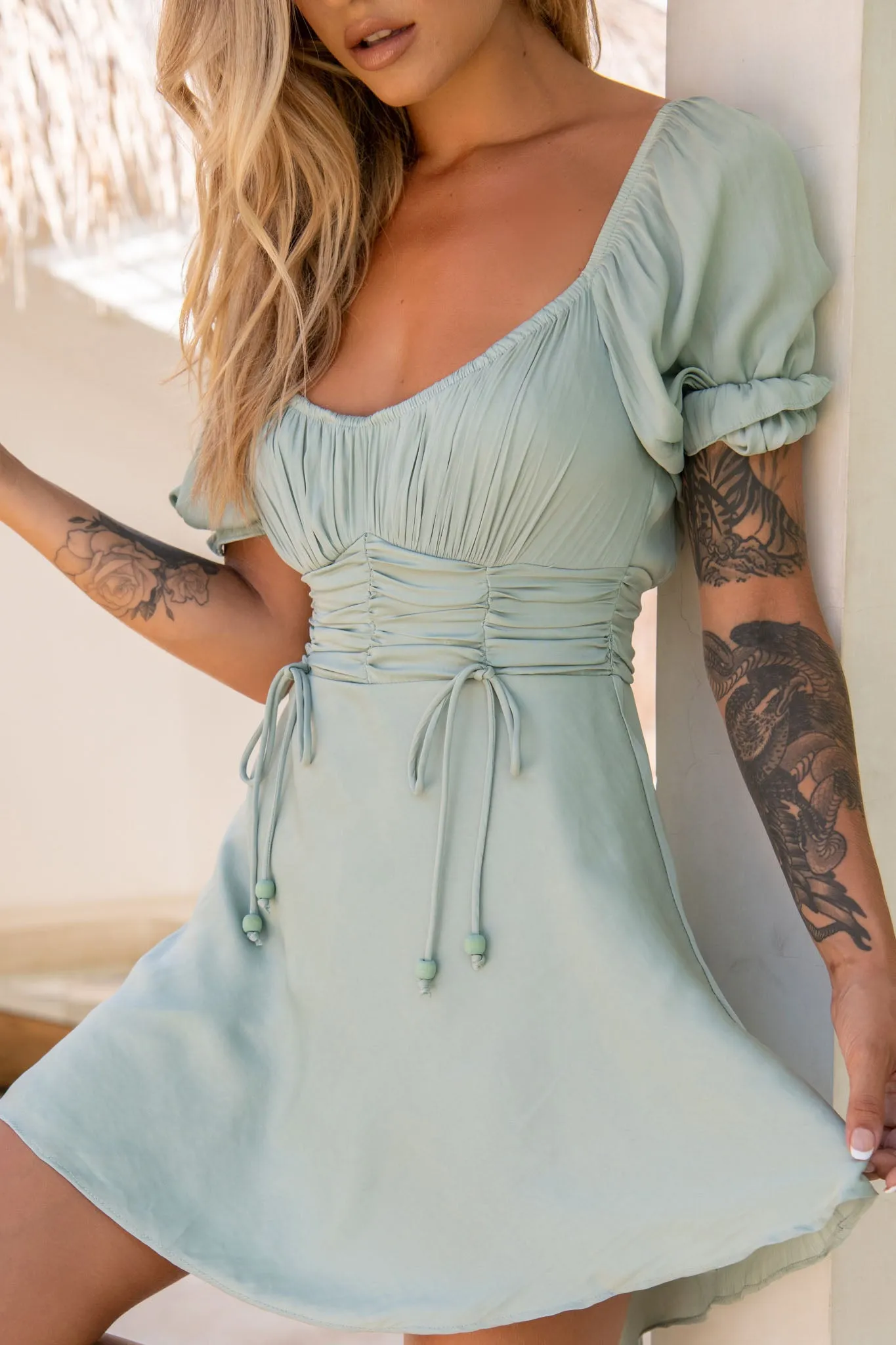 Bright Side Off-Shoulder Puff Sleeve Dress Pistachio sold by Selfie Leslie product image thumbnail 4