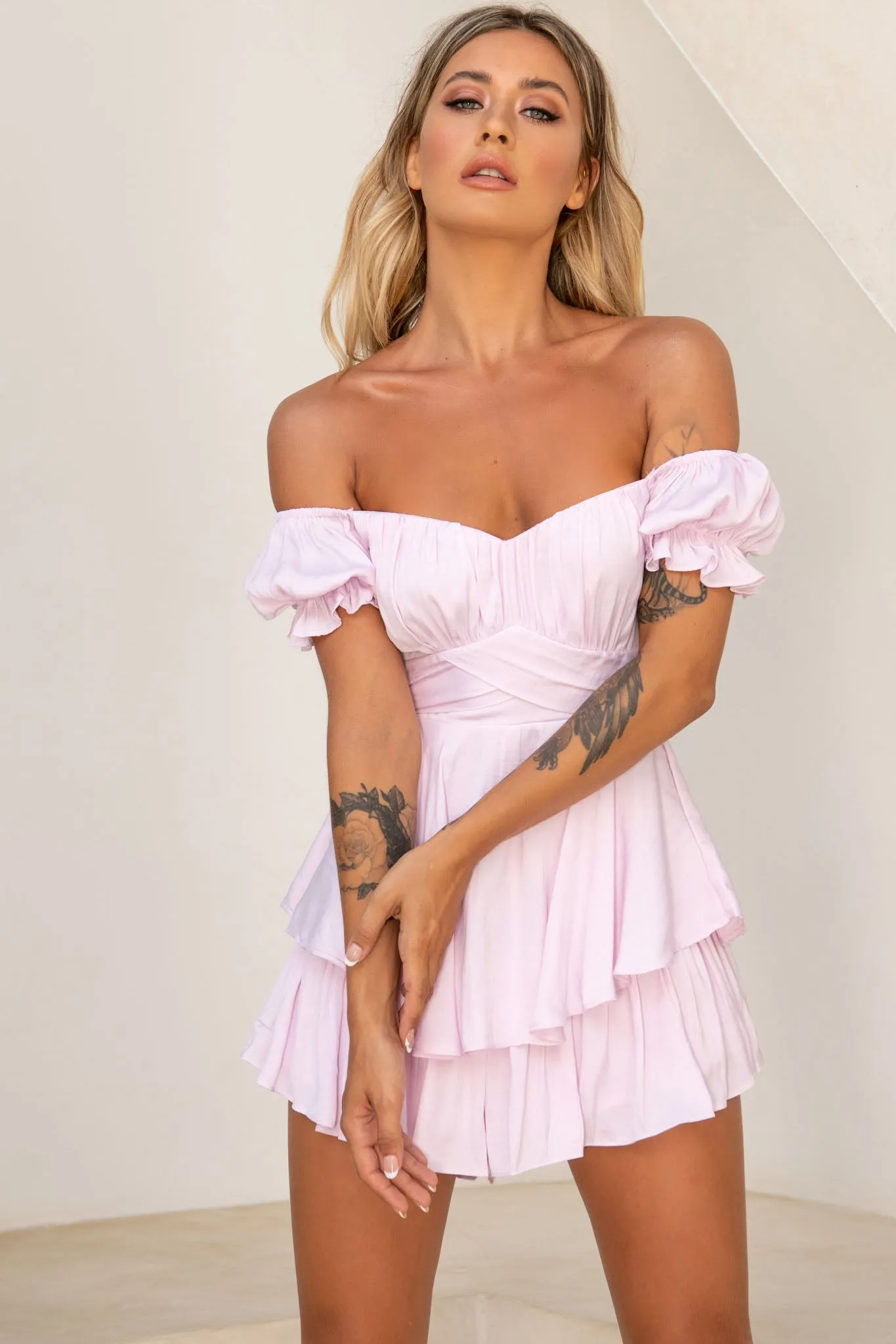 Linka Off-Shoulder Tie Back Romper Light Lilac sold by Selfie Leslie product image thumbnail 5