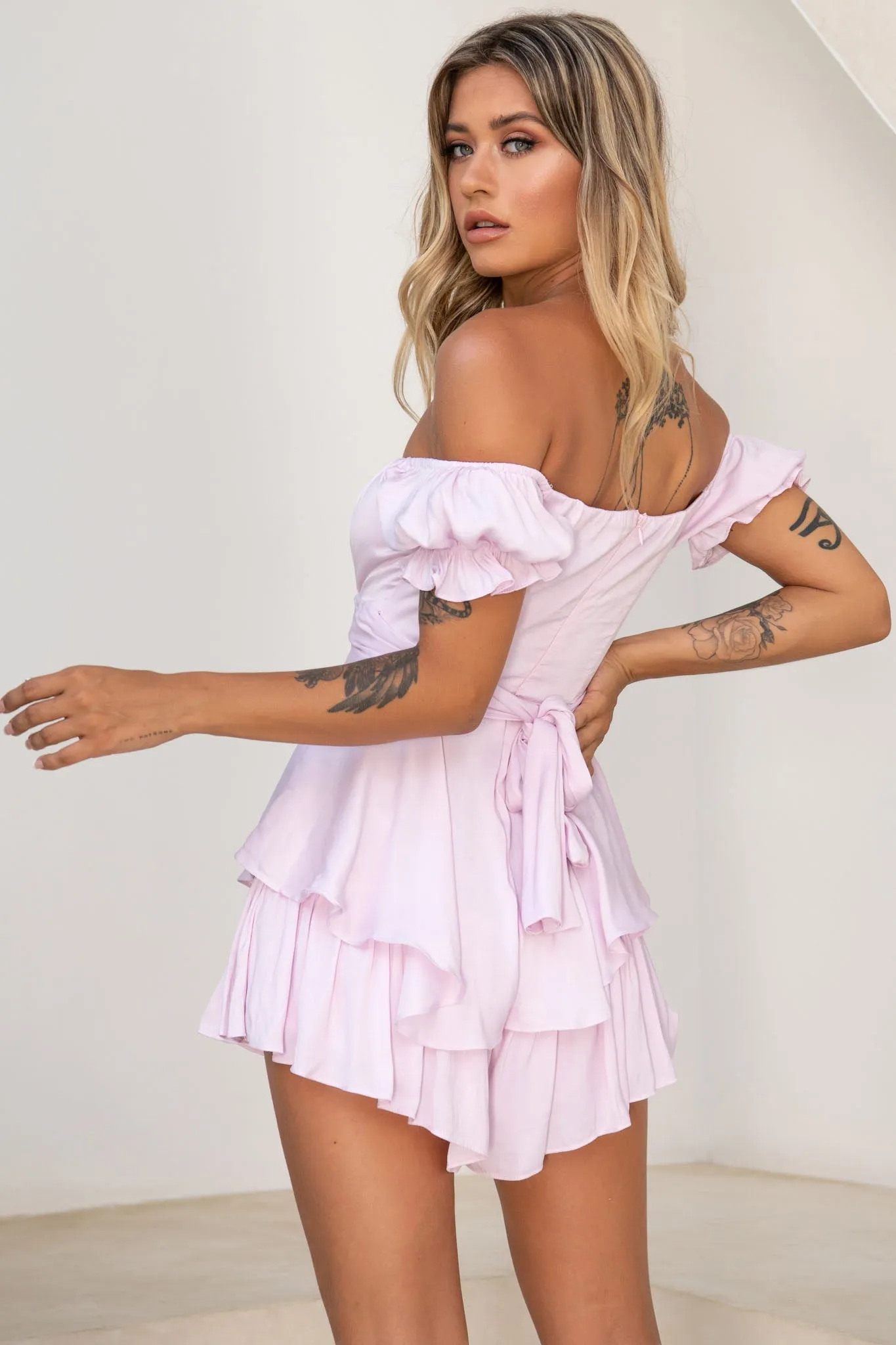 Linka Off-Shoulder Tie Back Romper Light Lilac sold by Selfie Leslie product image thumbnail 3