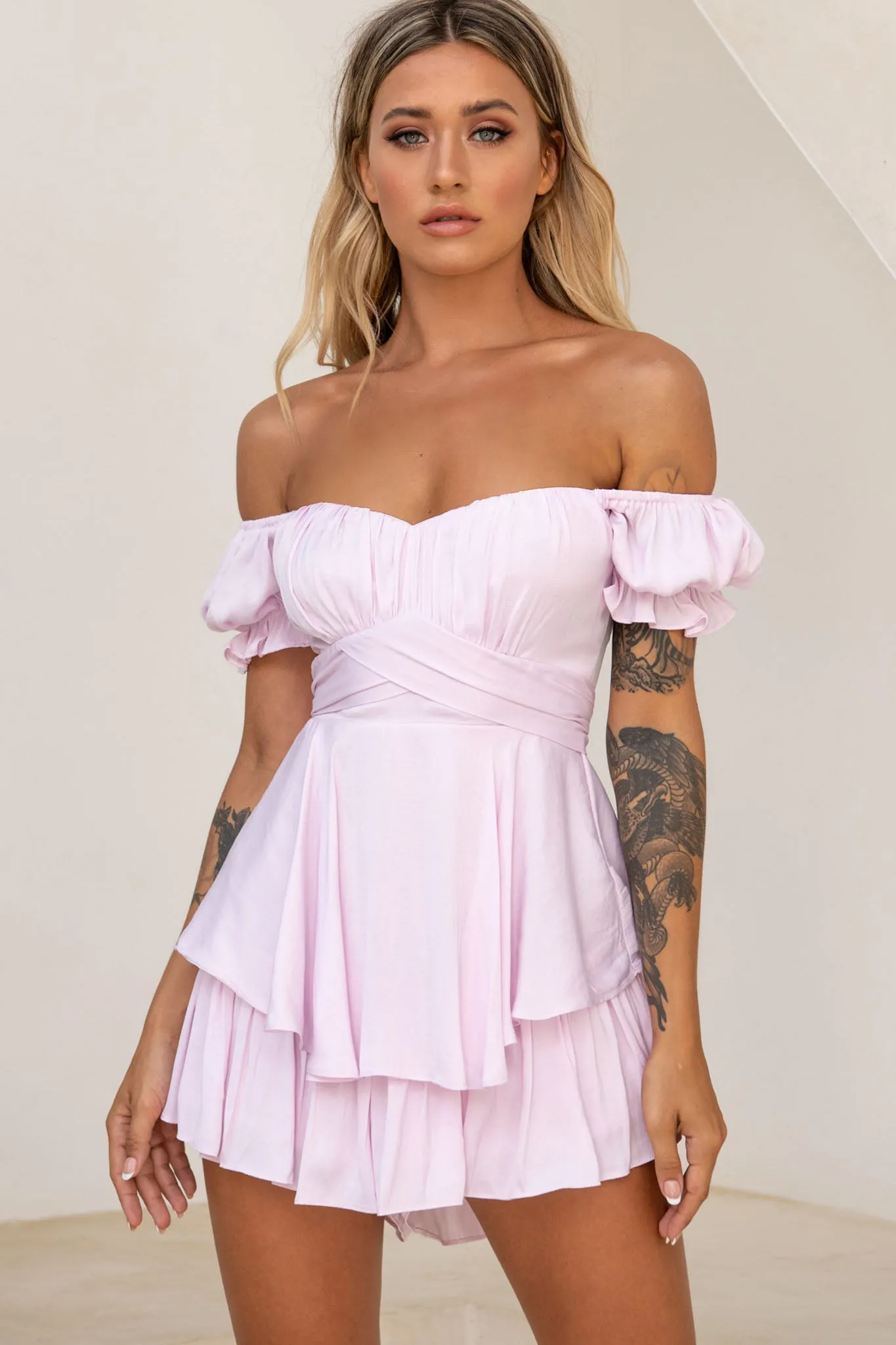 Linka Off-Shoulder Tie Back Romper Light Lilac sold by Selfie Leslie