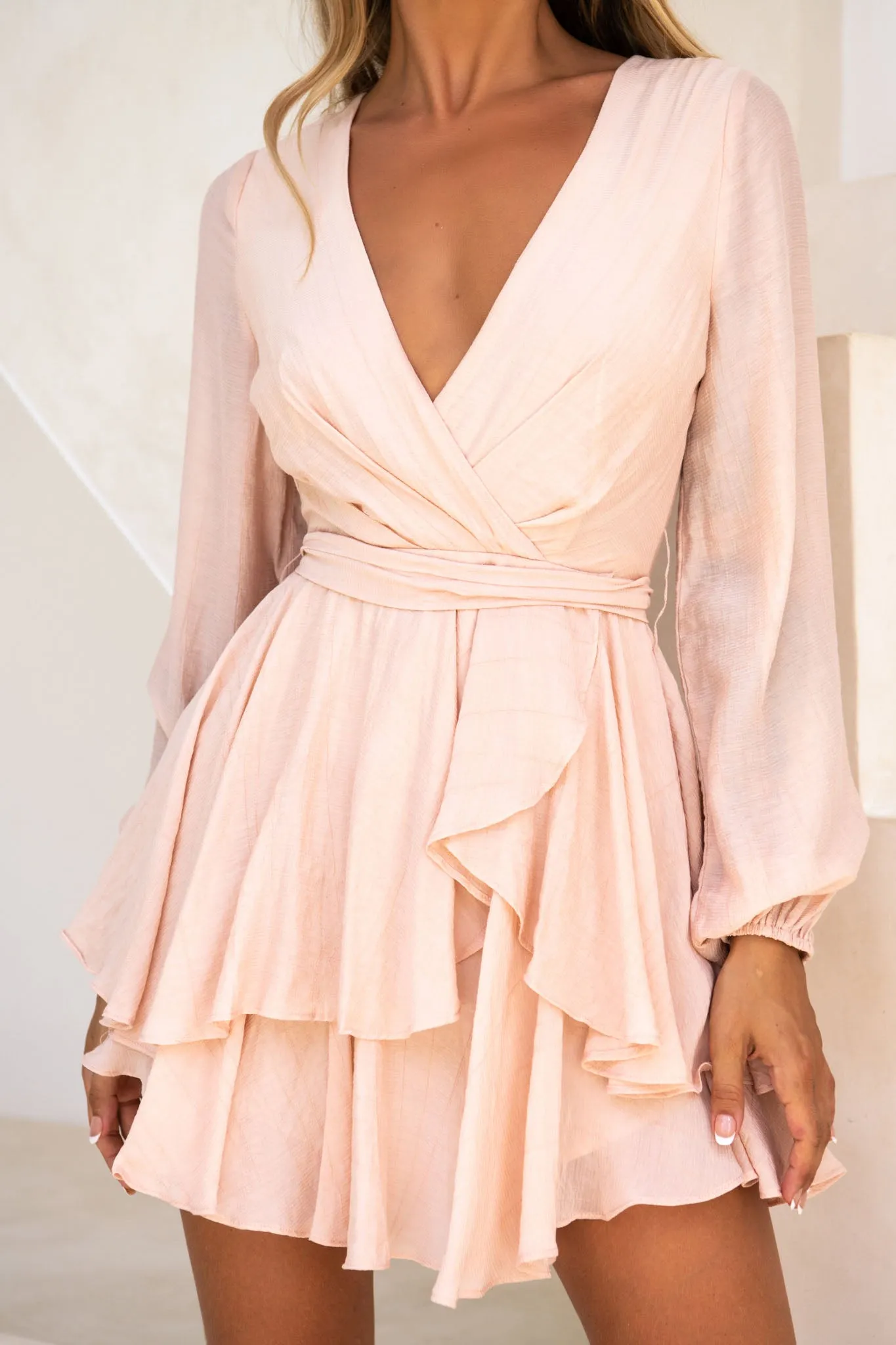 Believe Me Long Sleeve Surplice Neckline Dress Beige sold by Selfie Leslie product image thumbnail 4