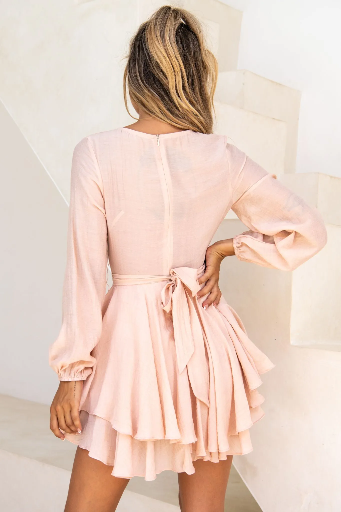 Believe Me Long Sleeve Surplice Neckline Dress Beige sold by Selfie Leslie product image thumbnail 3