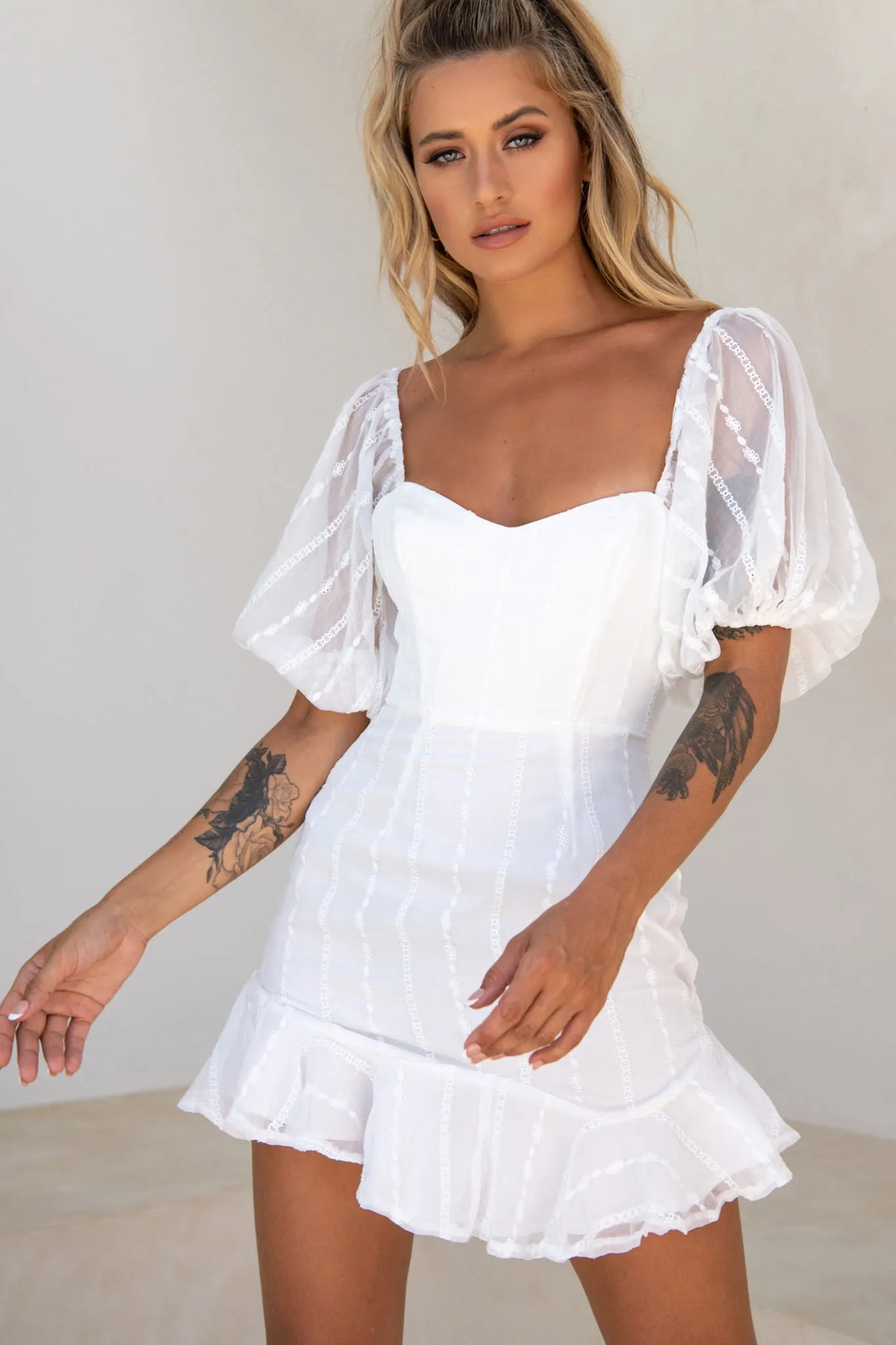 Ring My Bell Sheer Puff Sleeve Embroidery Detail Dress White sold by Selfie Leslie