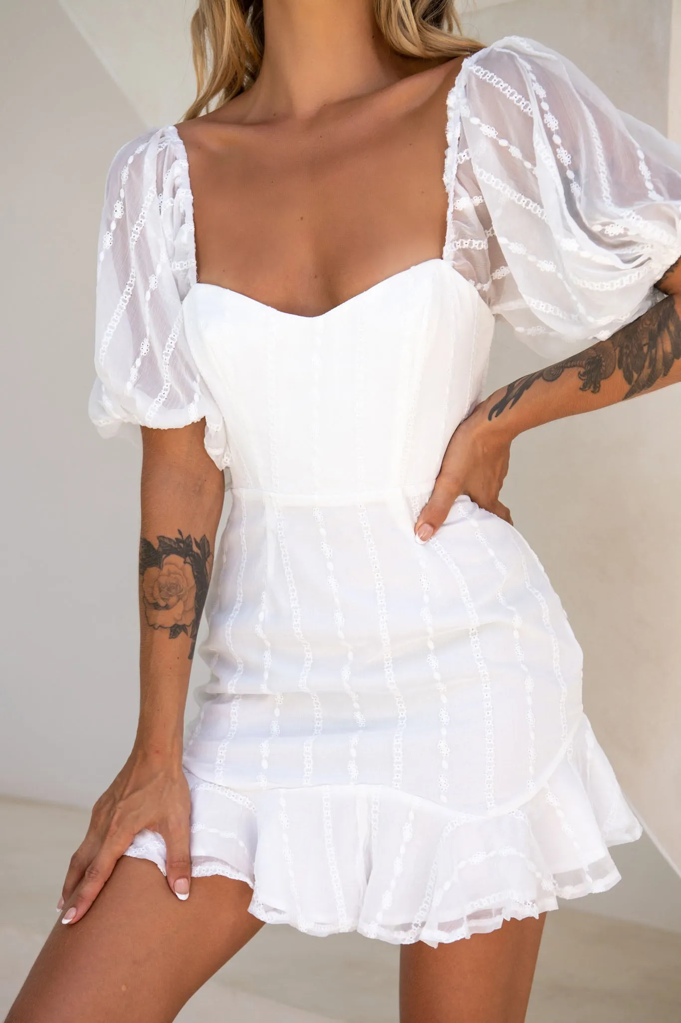Ring My Bell Sheer Puff Sleeve Embroidery Detail Dress White sold by Selfie Leslie product image thumbnail 4