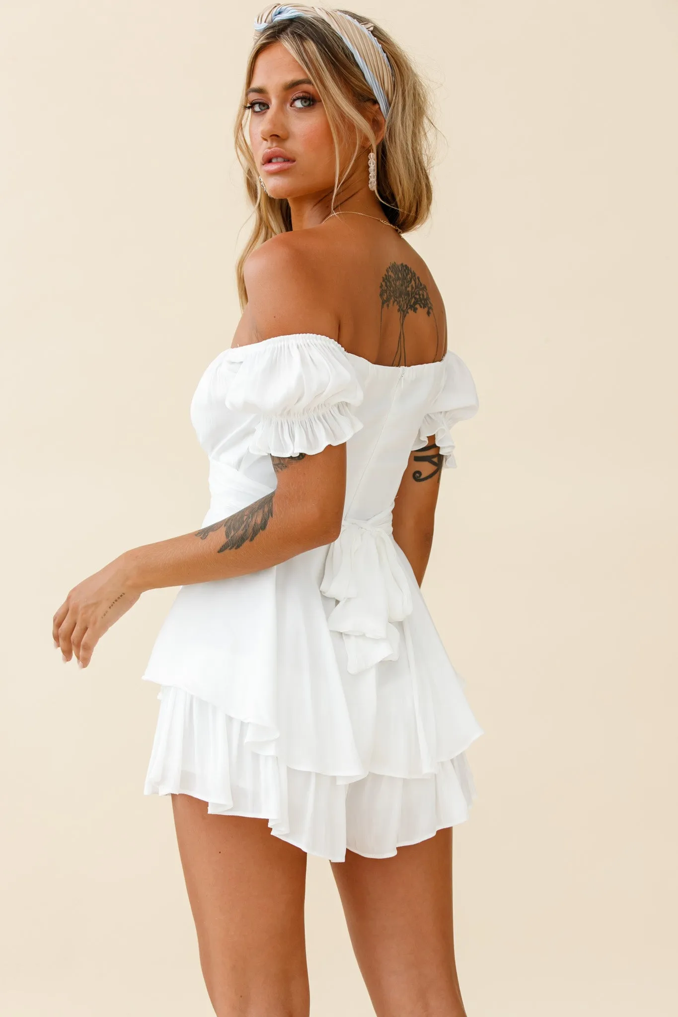 Linka Off-Shoulder Tie Back Romper White sold by Selfie Leslie product image thumbnail 2